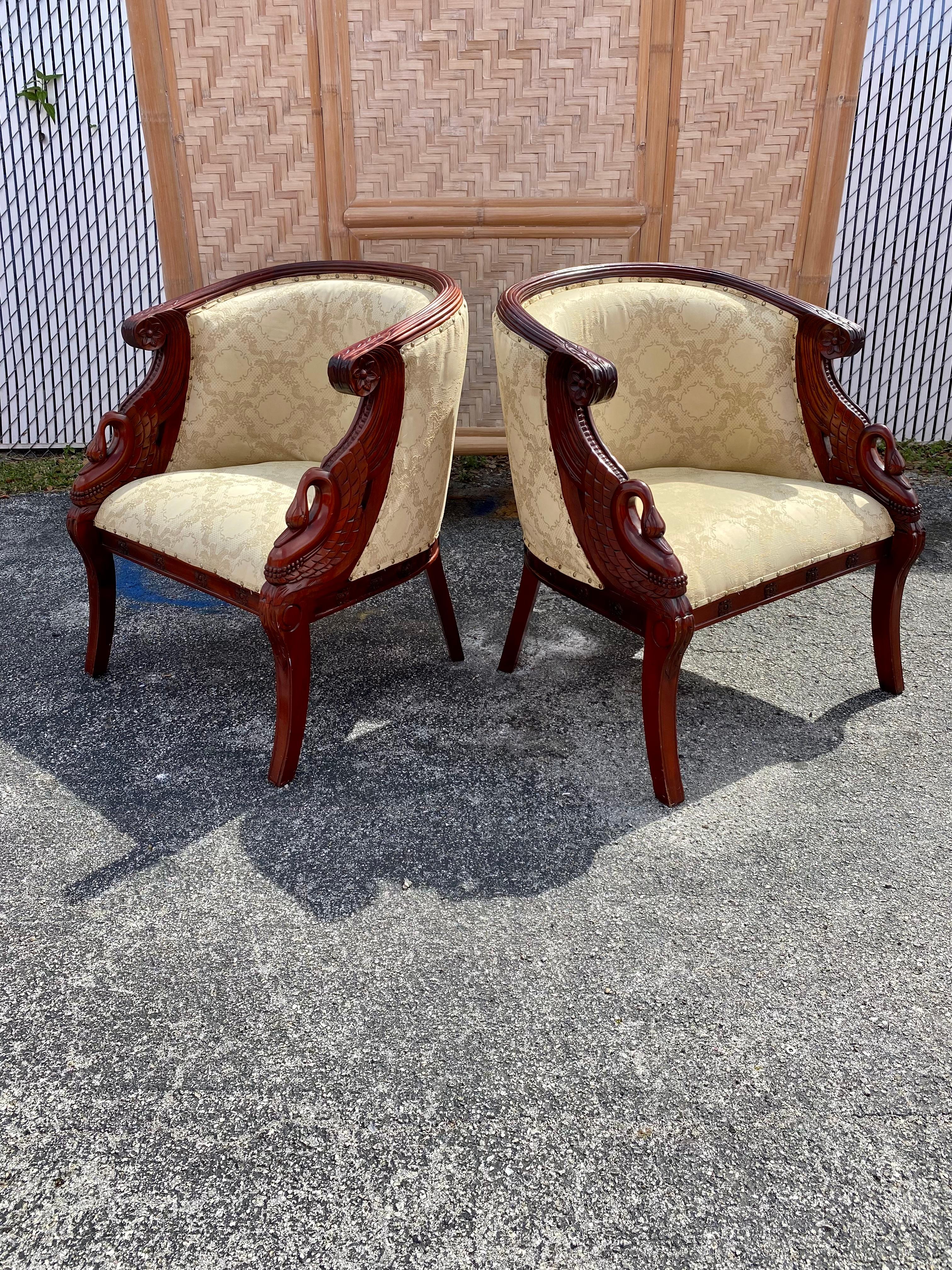 1940s Carved Gilt Wood Swan Barrel Chairs, Set of 2 For Sale 2