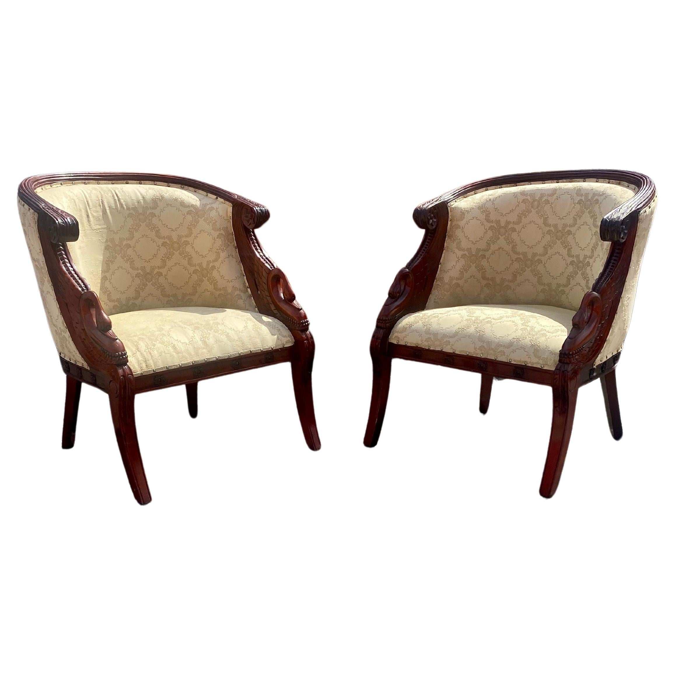 1940s Carved Gilt Wood Swan Barrel Chairs, Set of 2