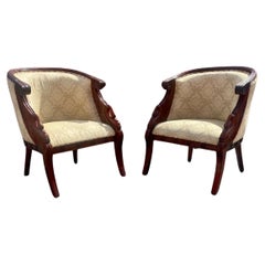 1940s Carved Gilt Wood Swan Barrel Chairs, Set of 2