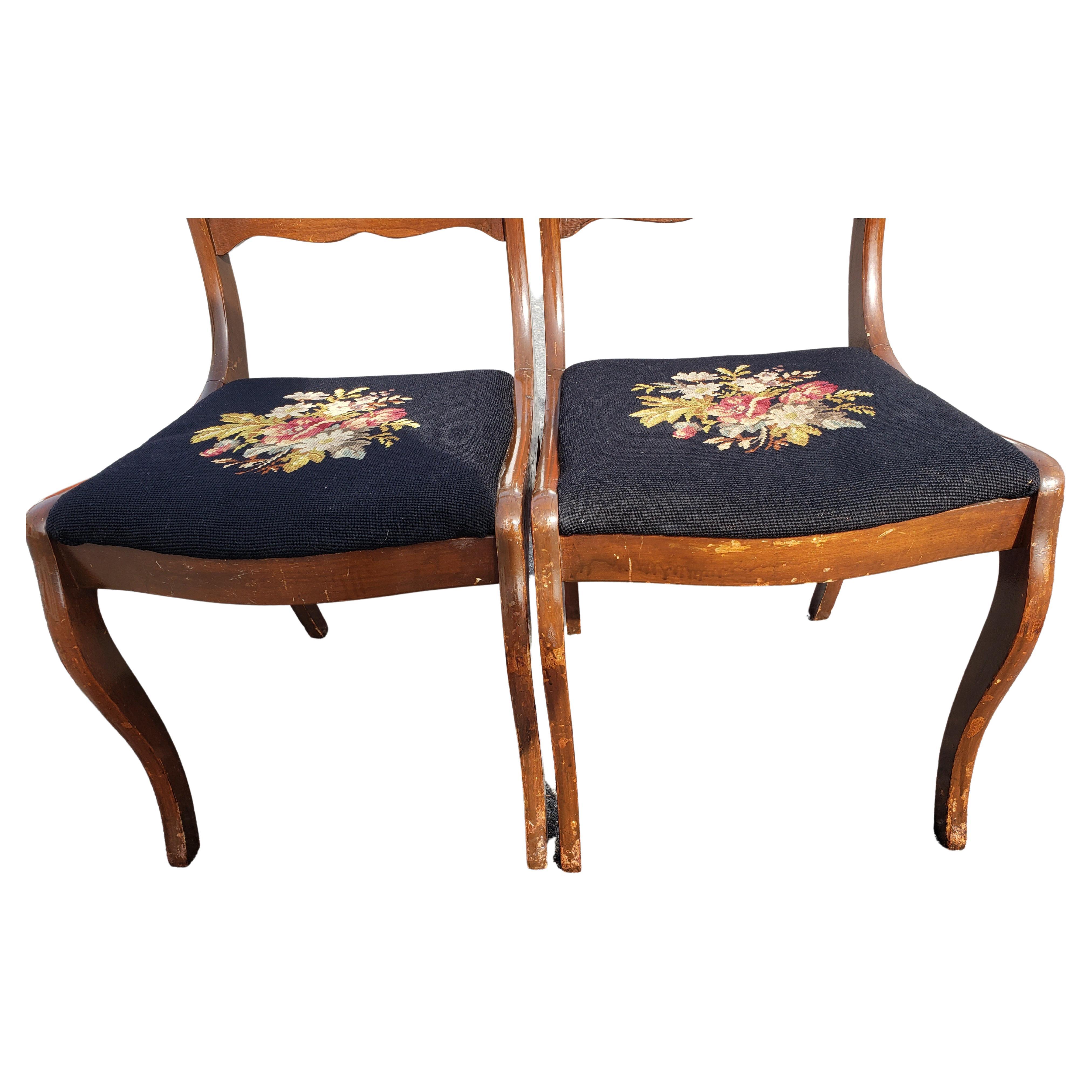 20th Century 1940s Carved Ladder Back Needlepoint Seat Chairs, A pair For Sale