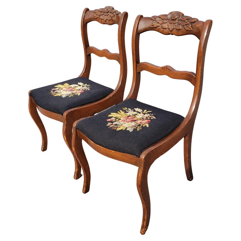 1940s Carved Ladder Back Needlepoint Seat Chairs, A pair For Sale at