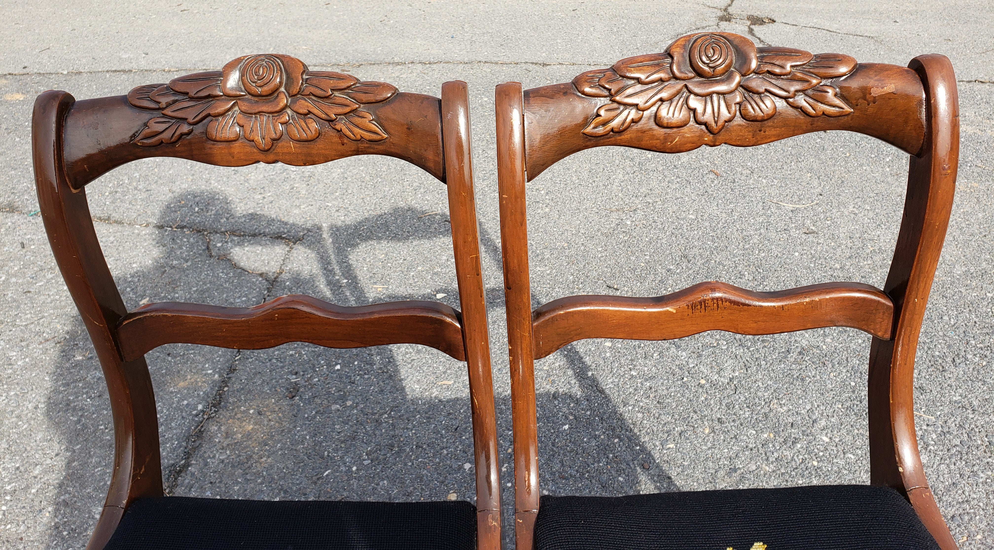 Hand-Carved 1940s Carved Ladder Back Needlepoint Seat Chairs, A pair For Sale