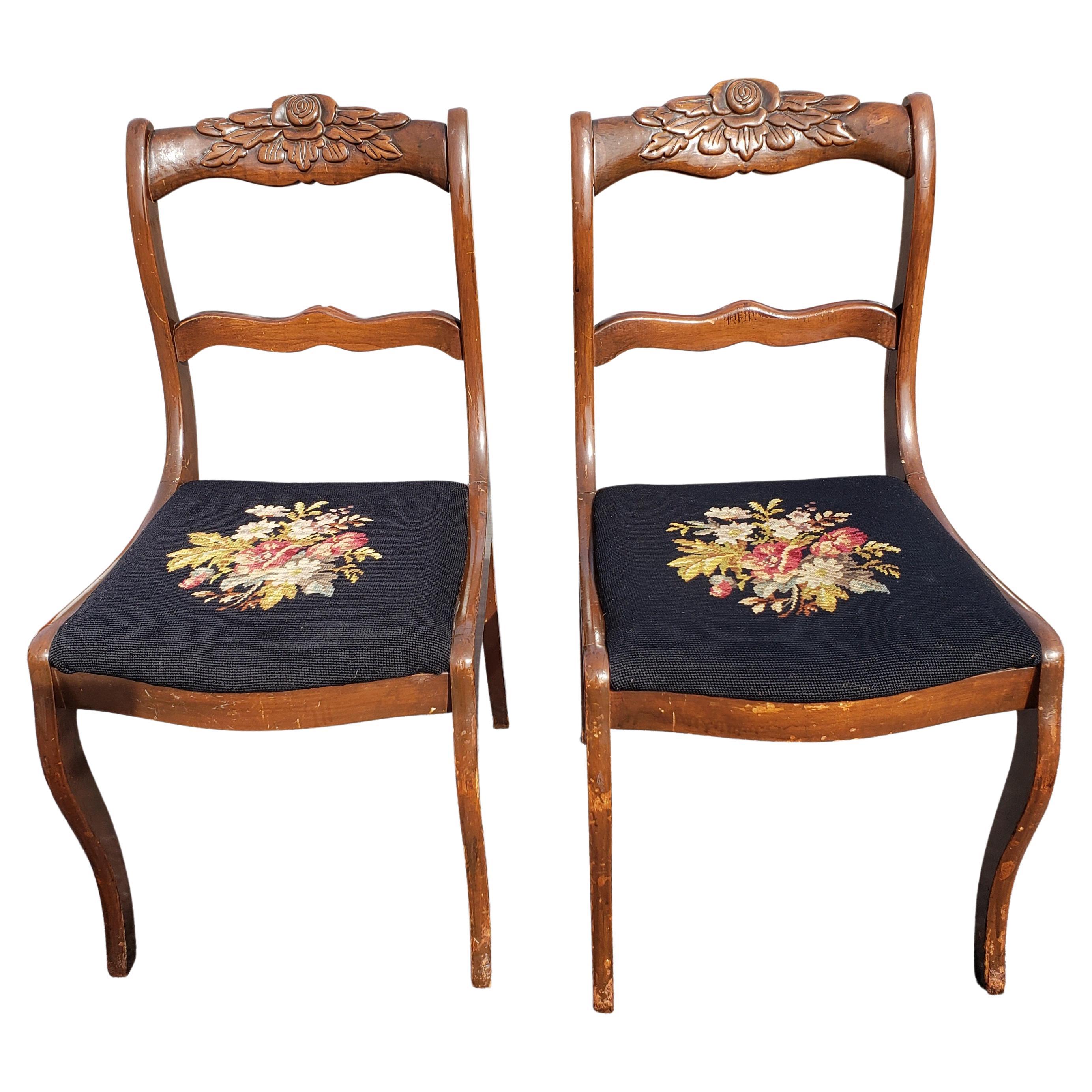 1940s Carved Ladder Back Needlepoint Seat Chairs, A pair For Sale