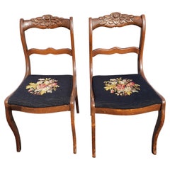 Retro 1940s Carved Ladder Back Needlepoint Seat Chairs, A pair