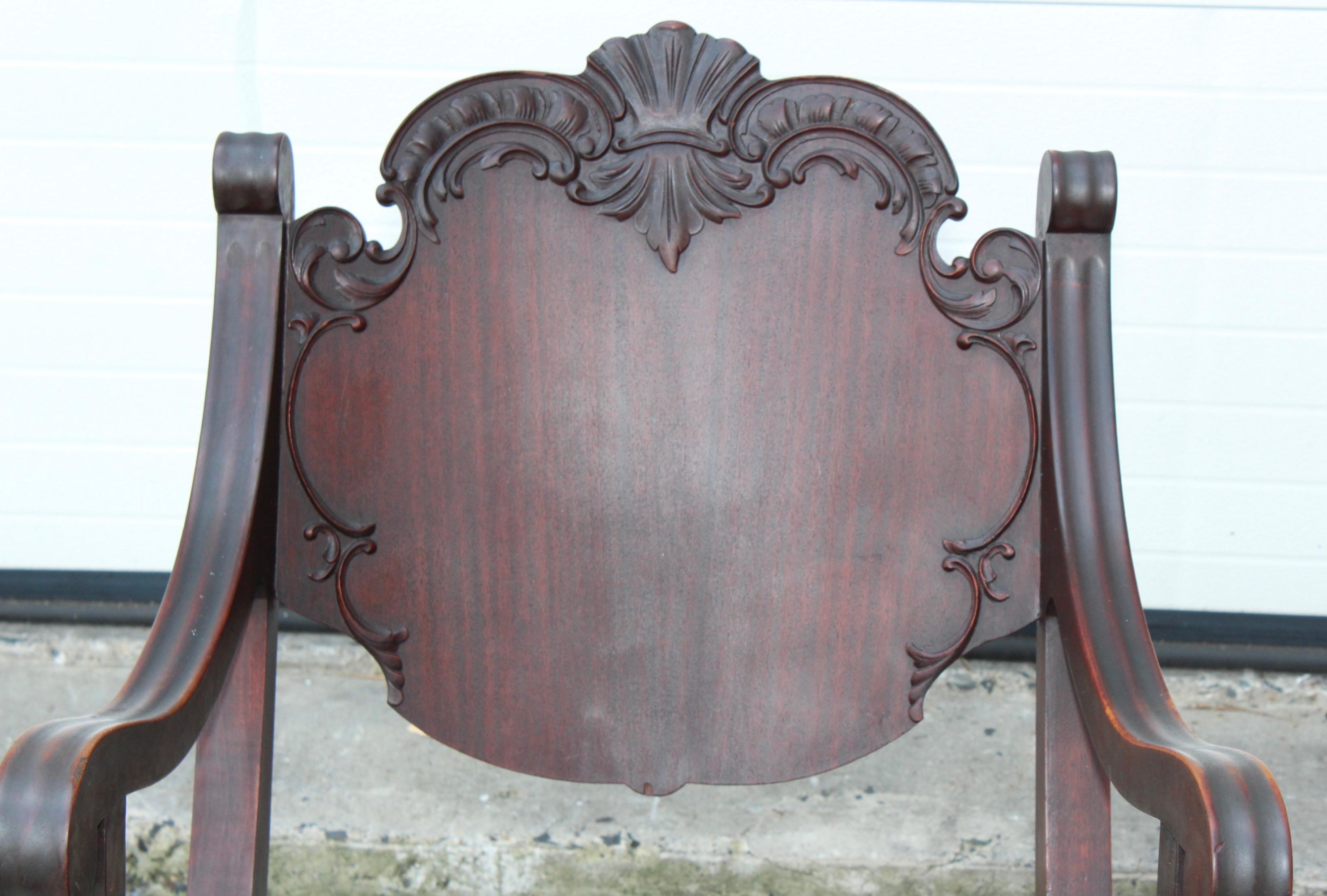 Arts and Crafts 1940s Carved Mahogany Rocking Chair