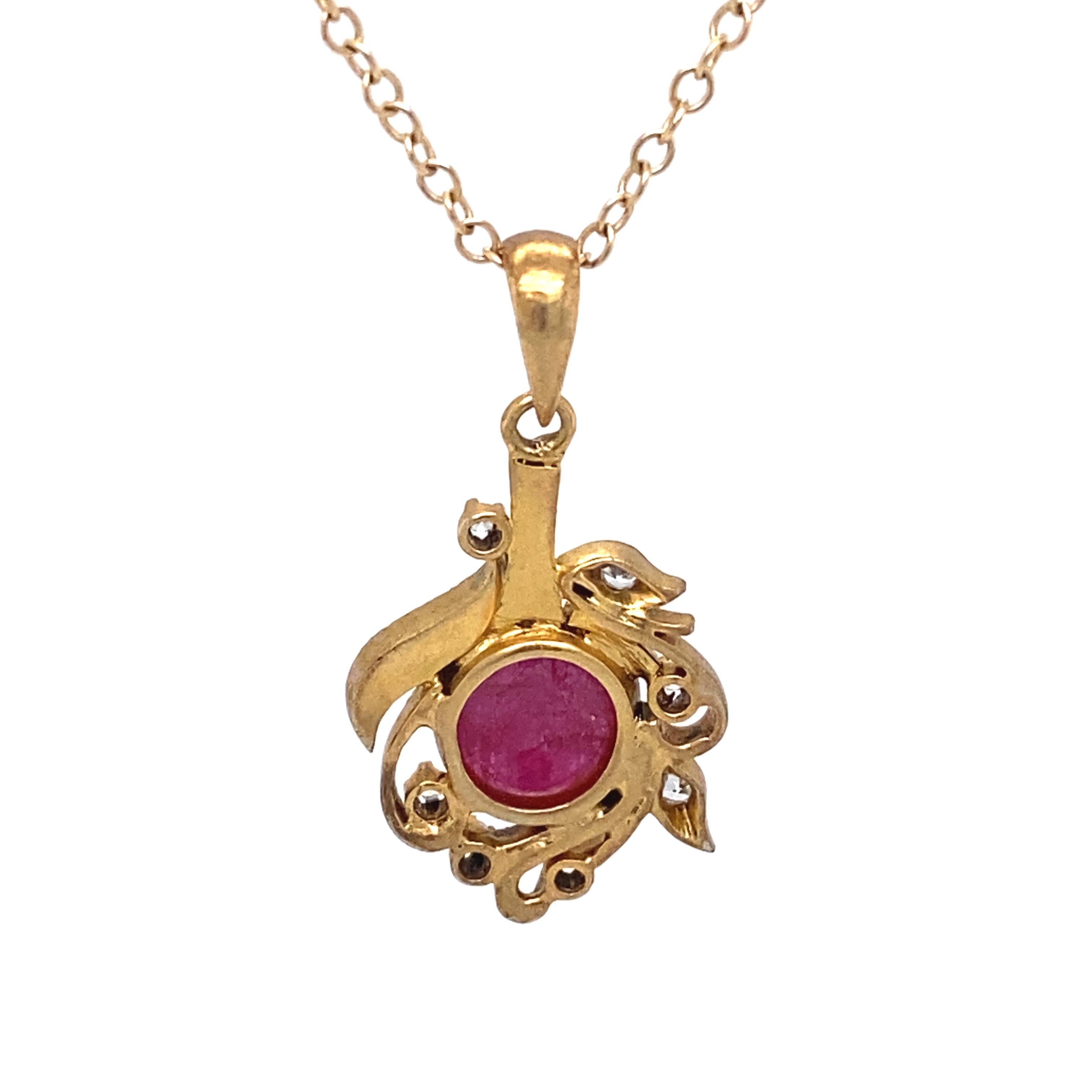 Round Cut 1940s Carved Ruby and Diamond Pendant in 14 Karat Gold For Sale