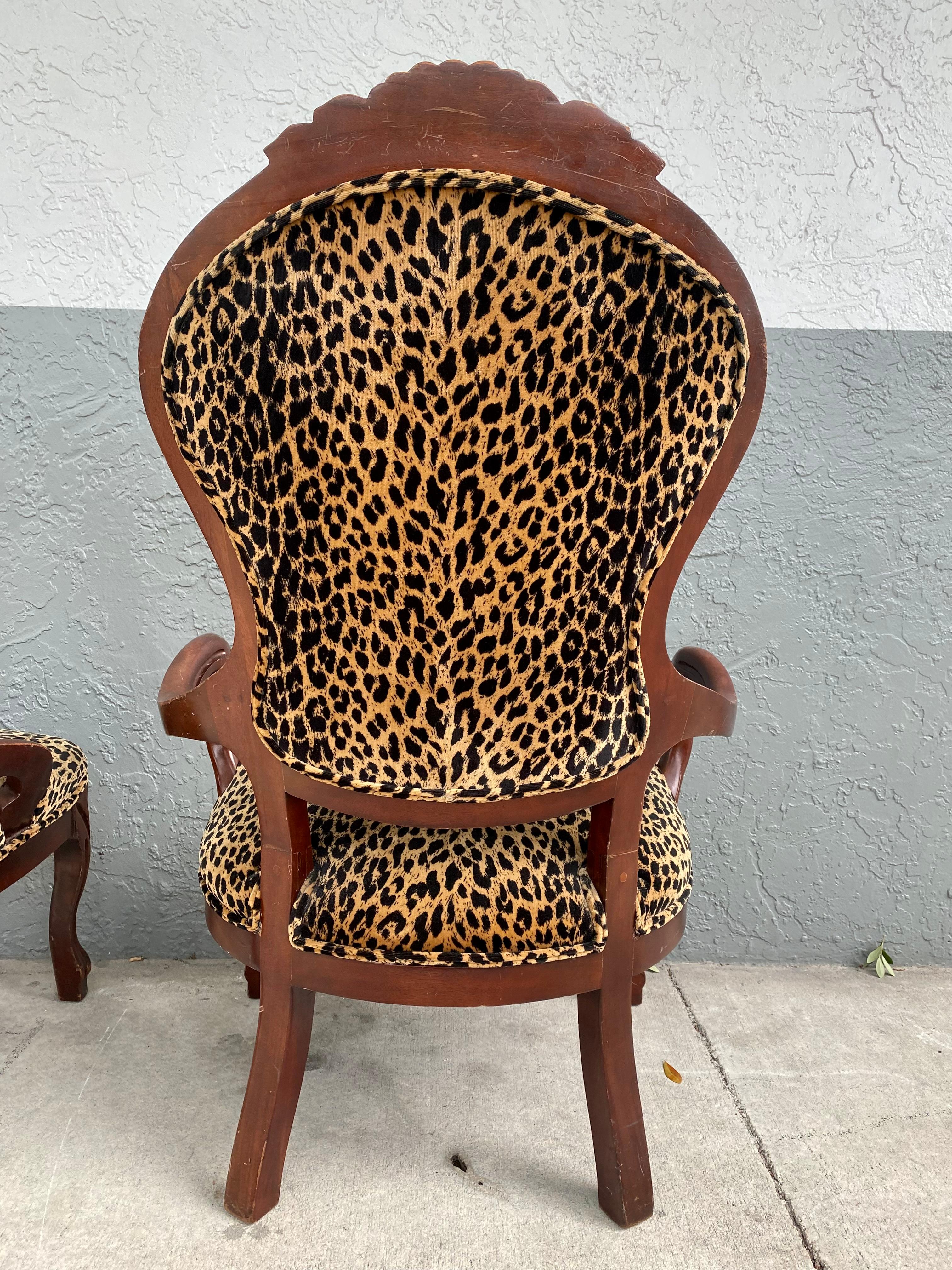 1940s Carved Floral Wood Leopard Scalamabdre Velvet Arm Chairs, Set of 2 For Sale 4