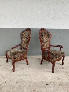 1940s Carved Floral Wood Leopard Scalamabdre Velvet Arm Chairs, Set of 2