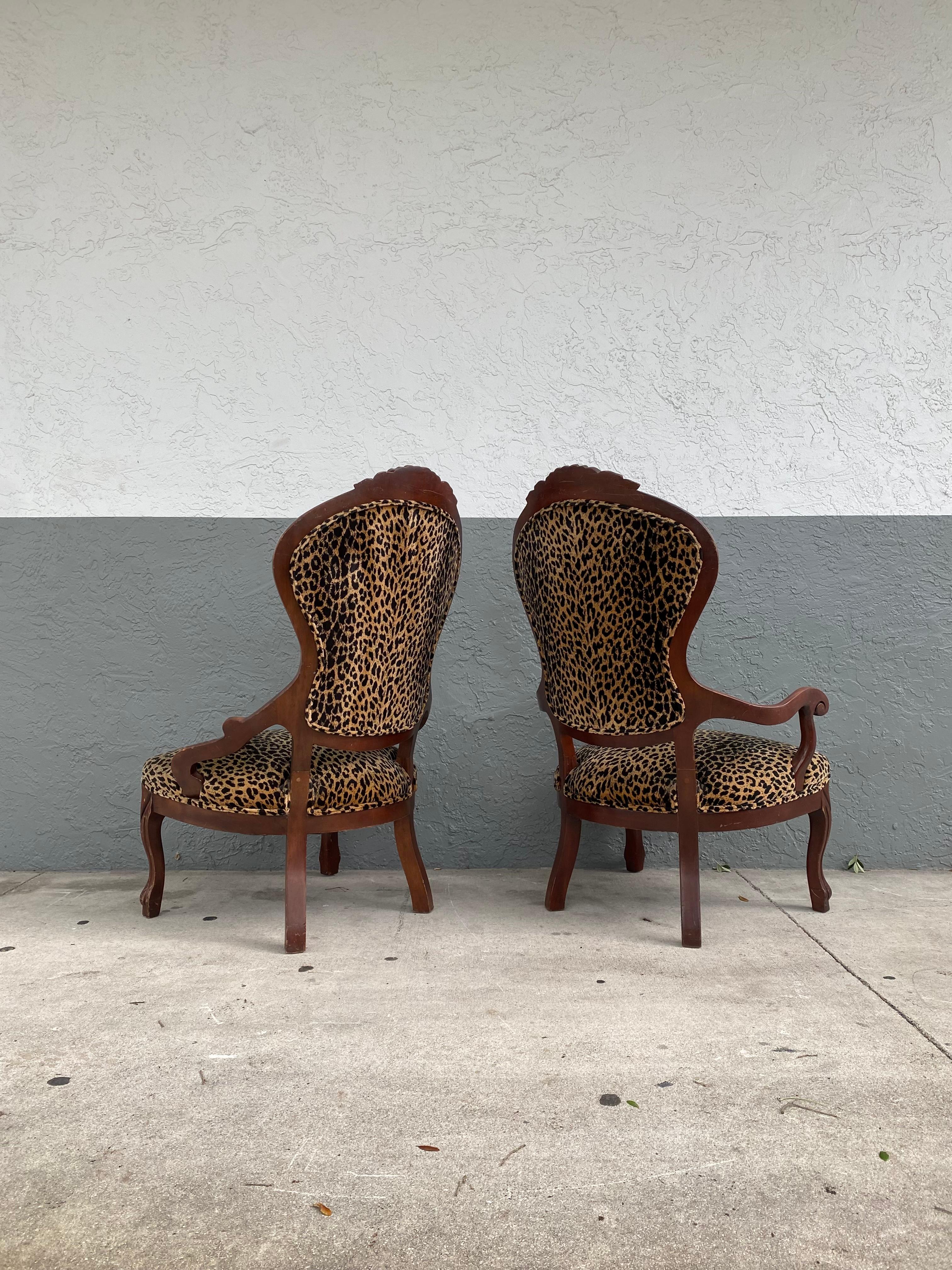 Upholstery 1940s Carved Floral Wood Leopard Scalamabdre Velvet Arm Chairs, Set of 2 For Sale