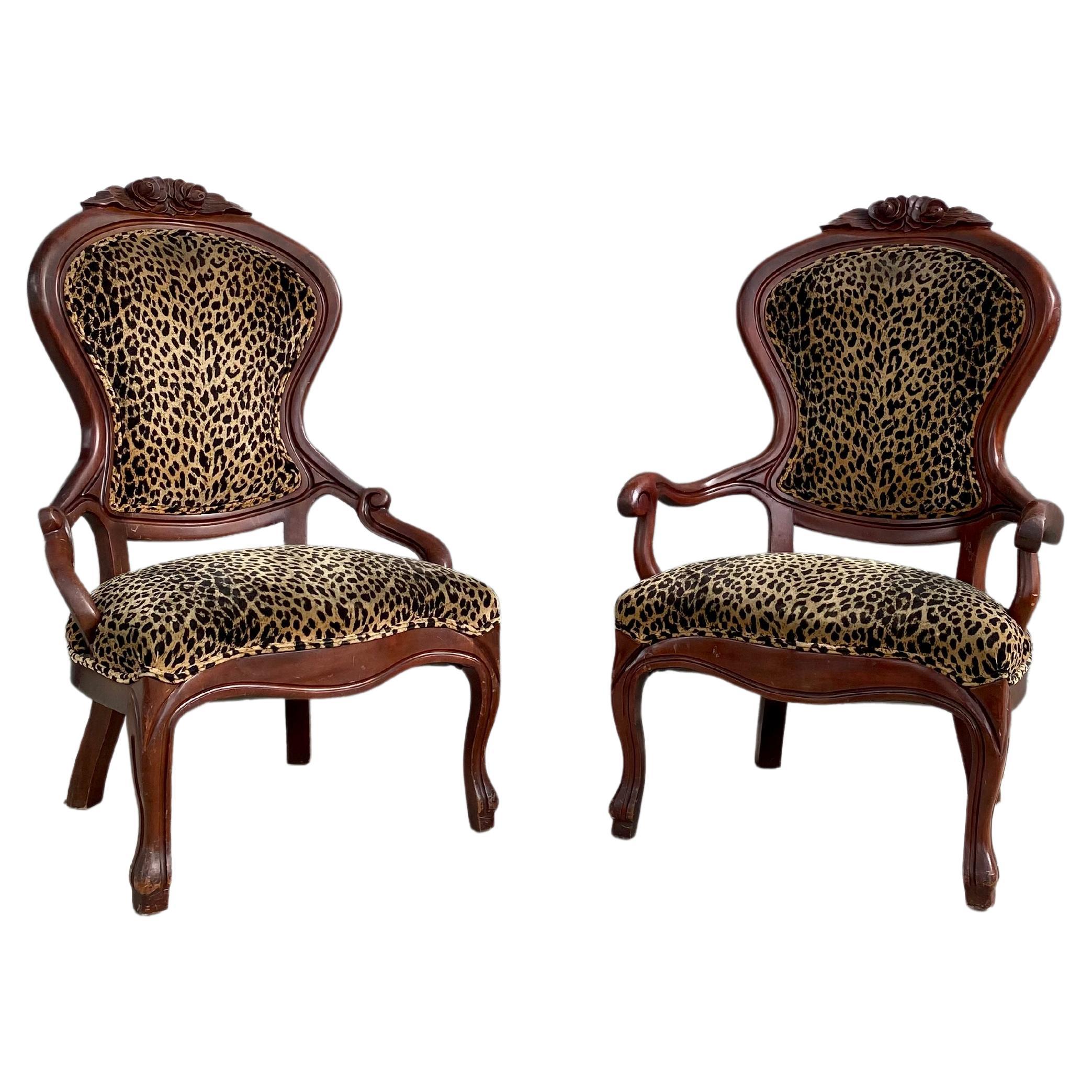 1940s Carved Floral Wood Leopard Scalamabdre Velvet Arm Chairs, Set of 2 For Sale