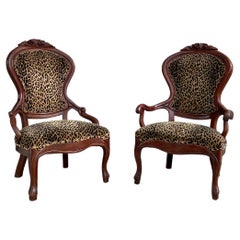 1940s Carved Floral Wood Leopard Scalamabdre Velvet Arm Chairs, Set of 2