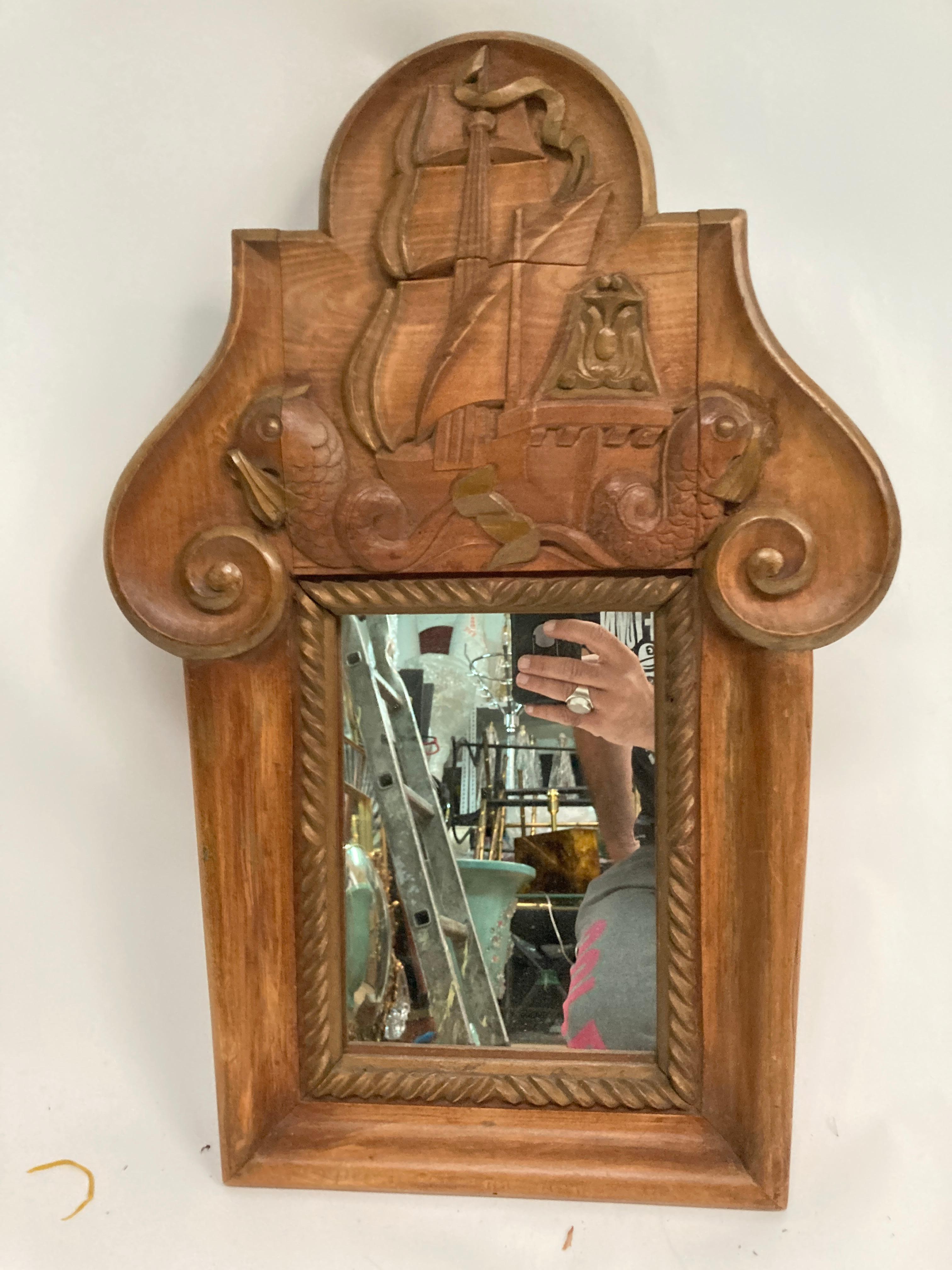 European 1940's Carved wood mirror in the style of Jean-Charles Moreux For Sale