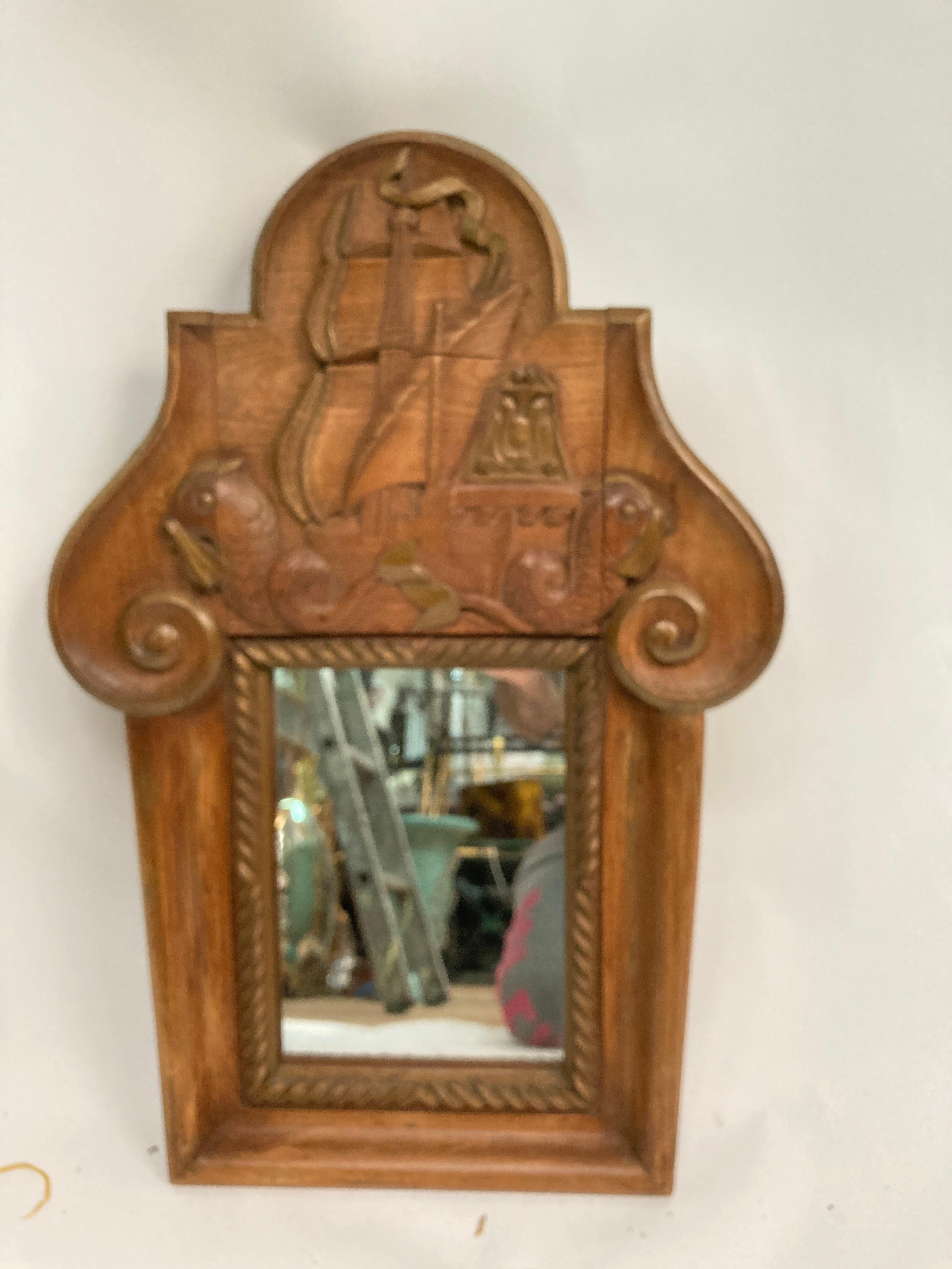 1940's Carved wood mirror in the style of Jean-Charles Moreux In Good Condition For Sale In Bois-Colombes, FR
