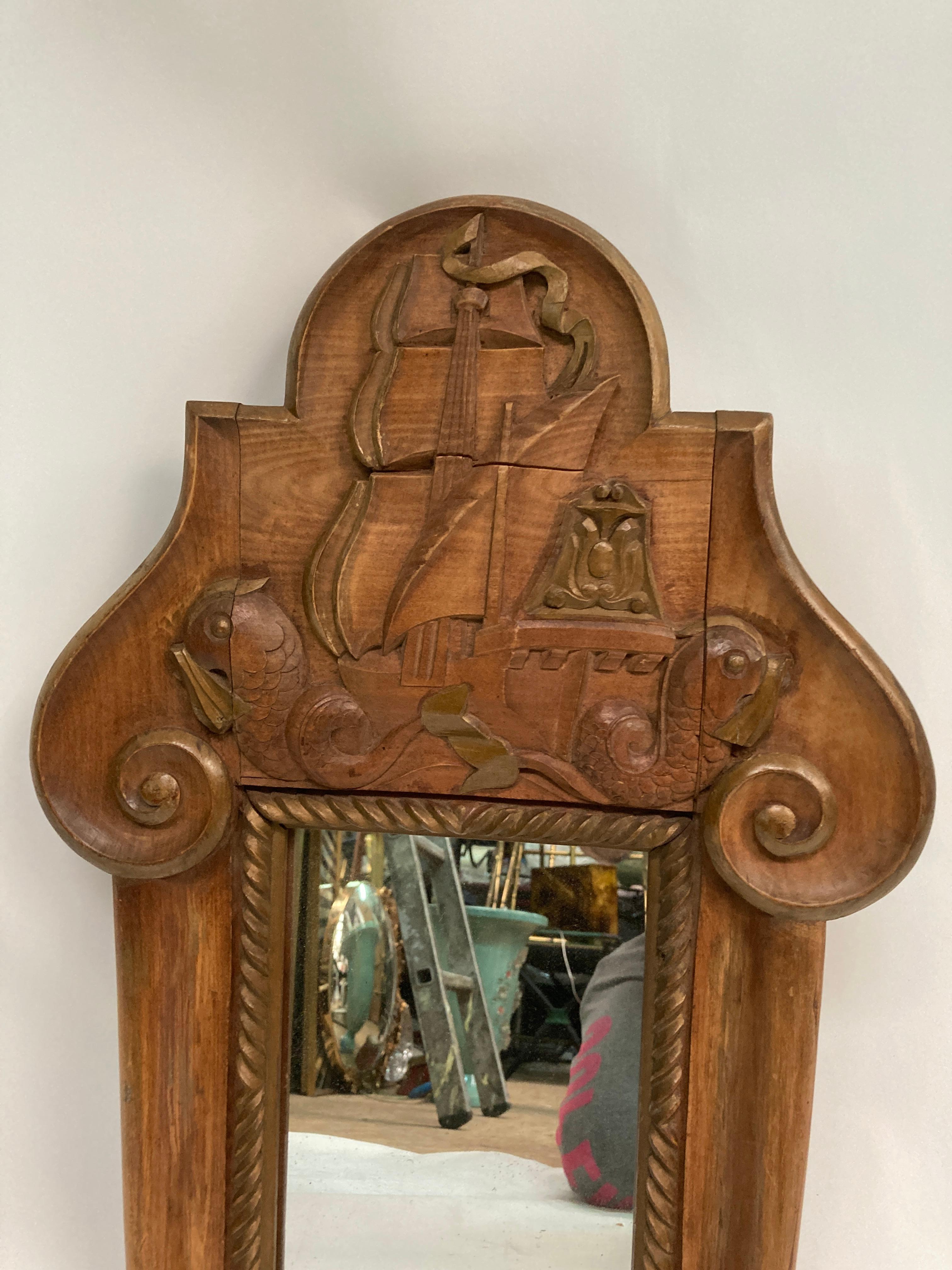Wood 1940's Carved wood mirror in the style of Jean-Charles Moreux For Sale
