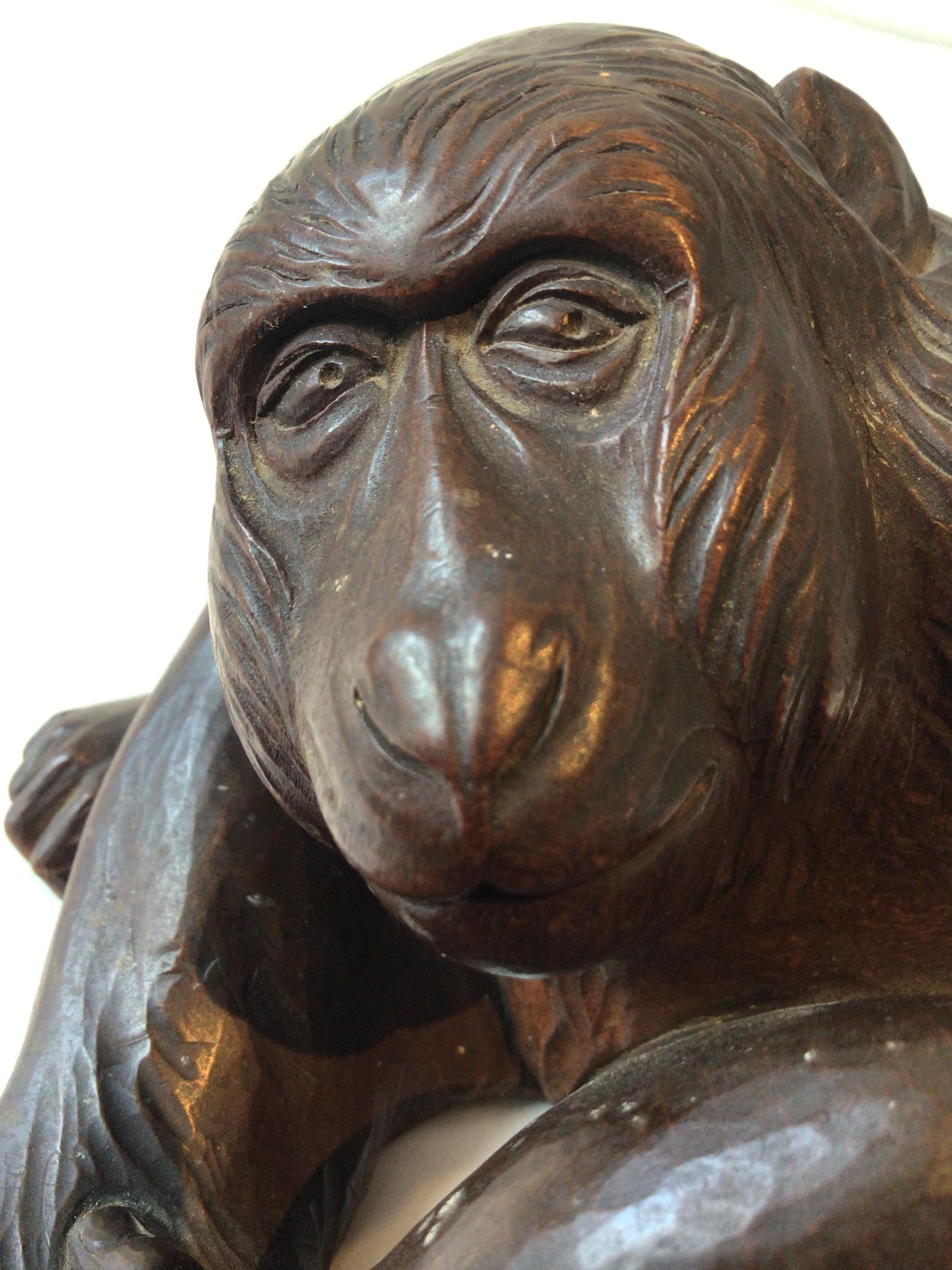 Mid-20th Century 1940s Carved Wood Monkey with Frog