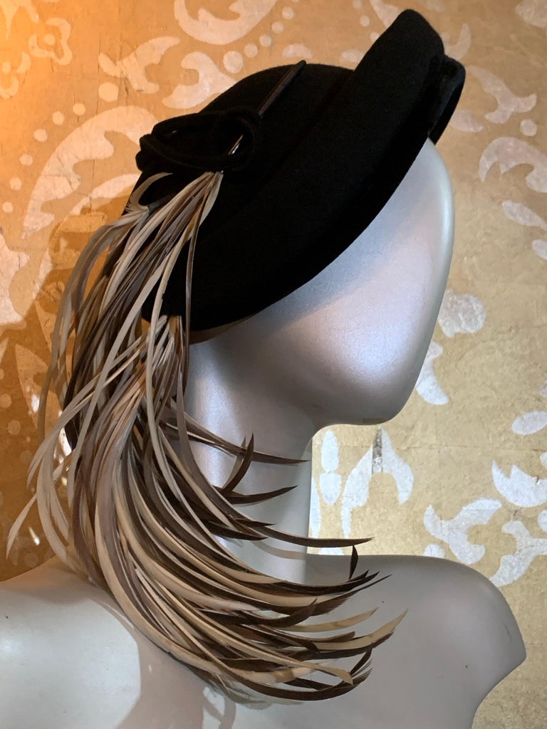 Casper-Davis Curled Feather Hat 1940s Caspar Davis Black Felt Bumper-Brim Hat w Cascading  main image 3