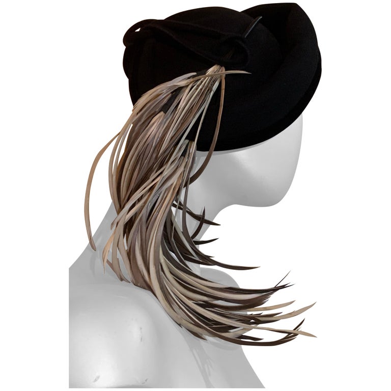 1940s Caspar Davis Black Felt Bumper-Brim Hat w Cascading 