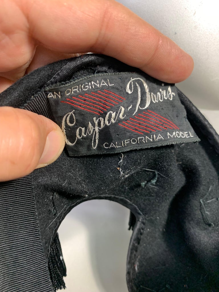 1940s CasparDavis Black Wool OpenCrown Hat w Tassel Embellishments