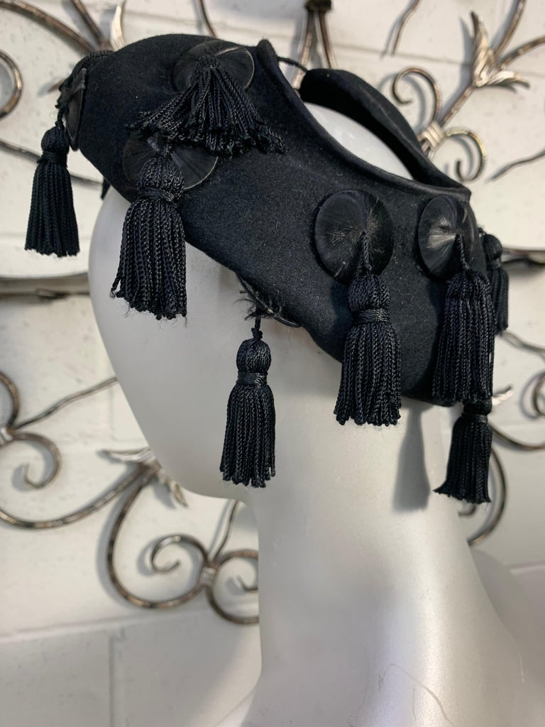 1940s CasparDavis Black Wool OpenCrown Hat w Tassel Embellishments