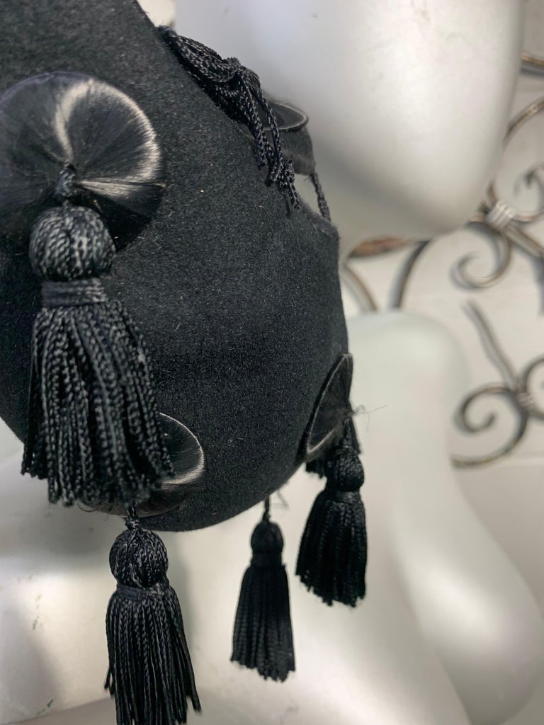 1940s CasparDavis Black Wool OpenCrown Hat w Tassel Embellishments