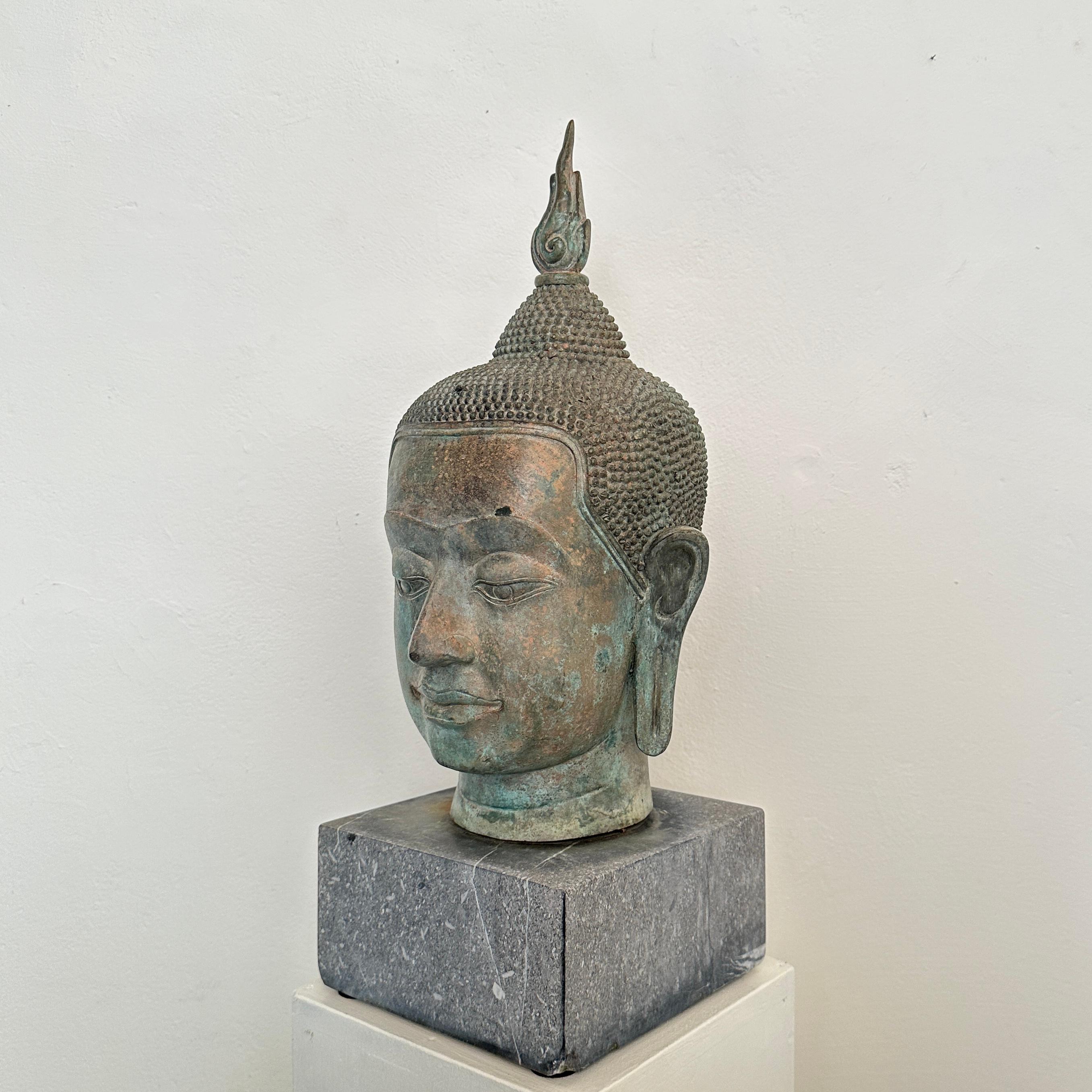 Tribal 1940s Cast Bronze Sukhothai-Buddha Head on a Grey Granite Base For Sale