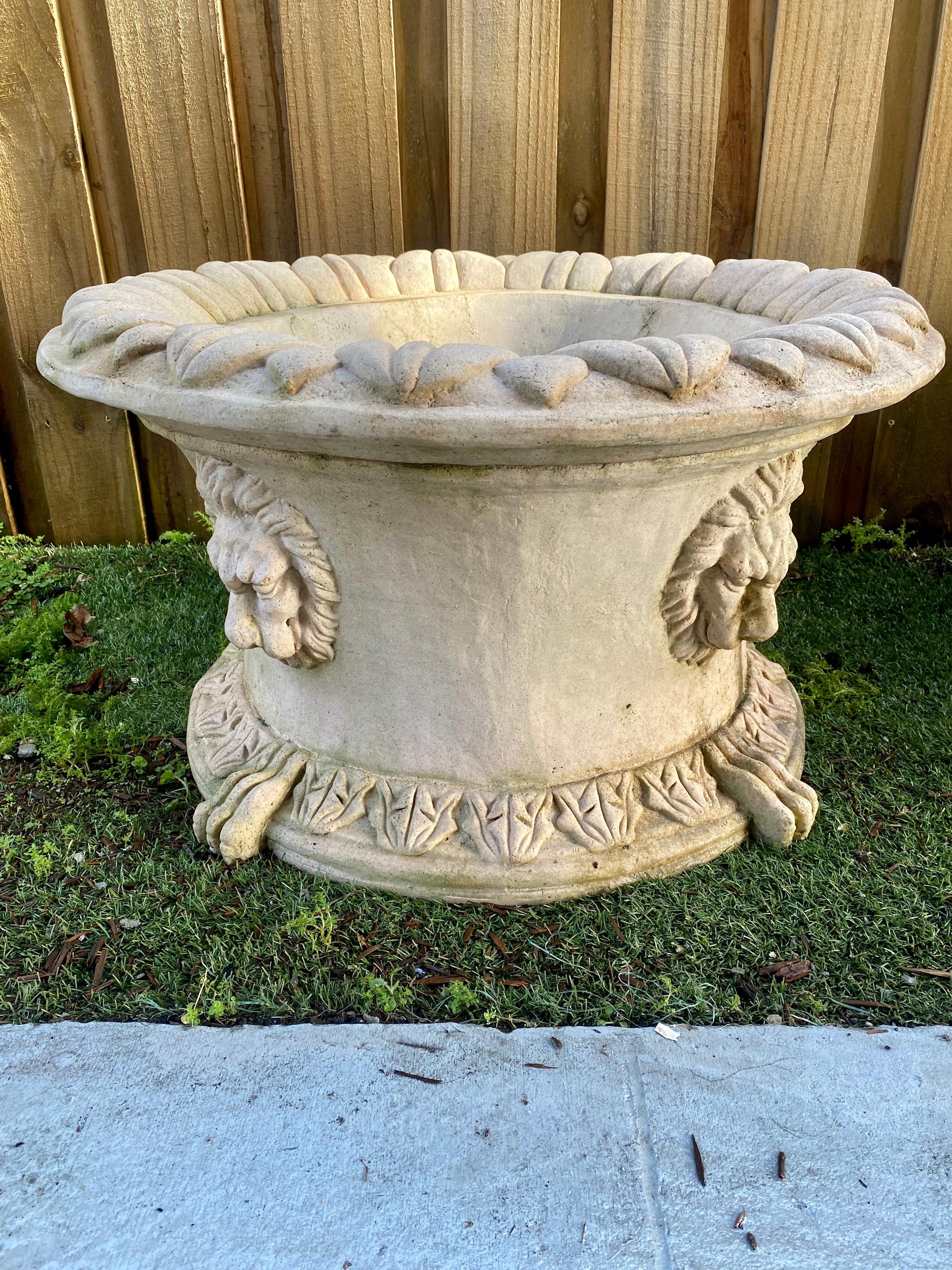 1940s Beige Cast Stone Large Round Neoclassical Style Lion Planters, Set of 4 For Sale 8