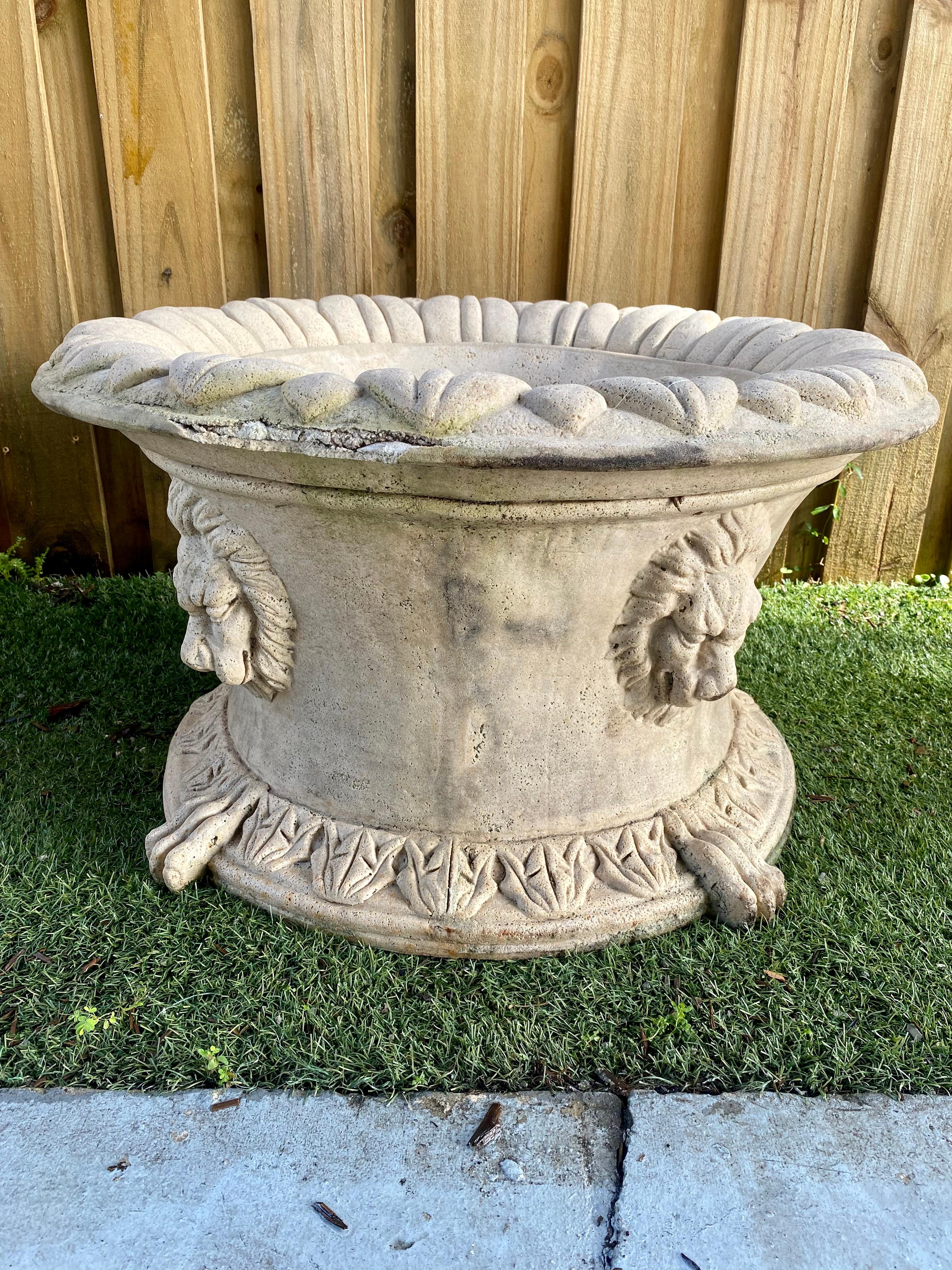 1940s Beige Cast Stone Large Round Neoclassical Style Lion Planters, Set of 4 For Sale 14