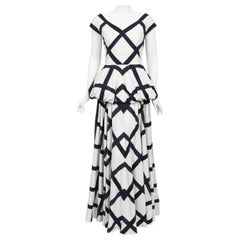 Vintage 1940's Ceil Chapman Windowpane Print White Cotton Peplum Full-Skirt Dress Gown