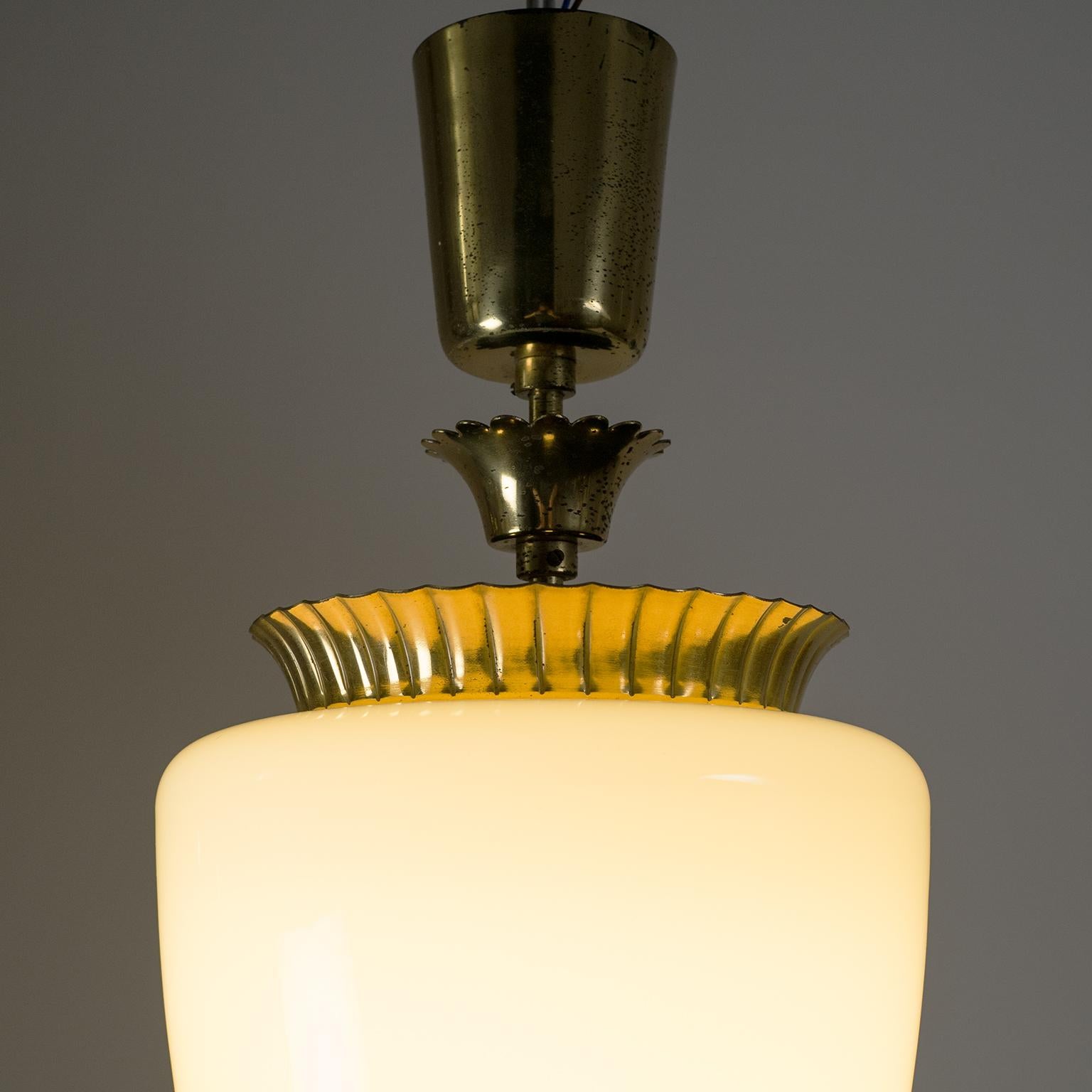 Art Deco 1940s Ceiling Light, Brass and Ivory Glass
