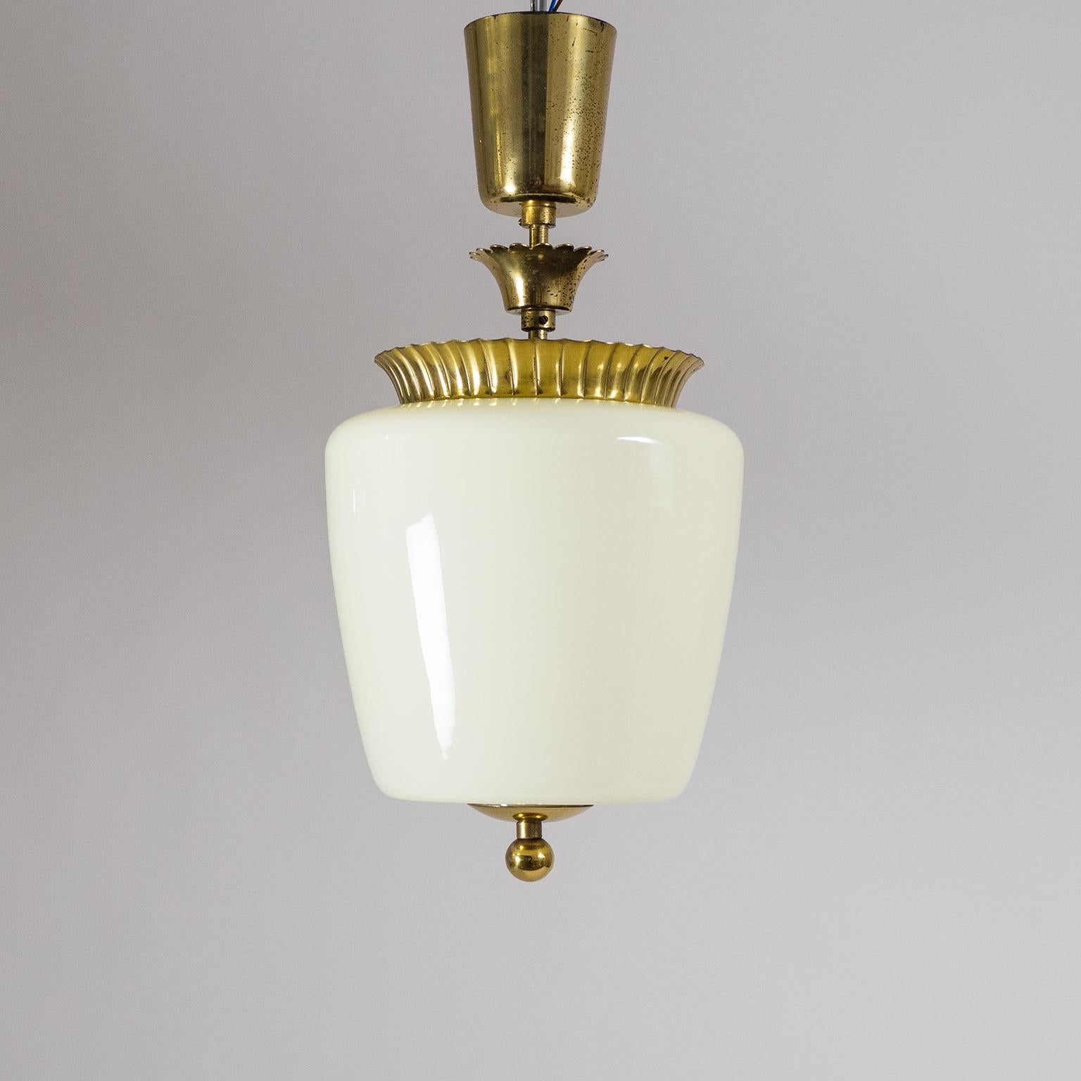 Mid-20th Century 1940s Ceiling Light, Brass and Ivory Glass