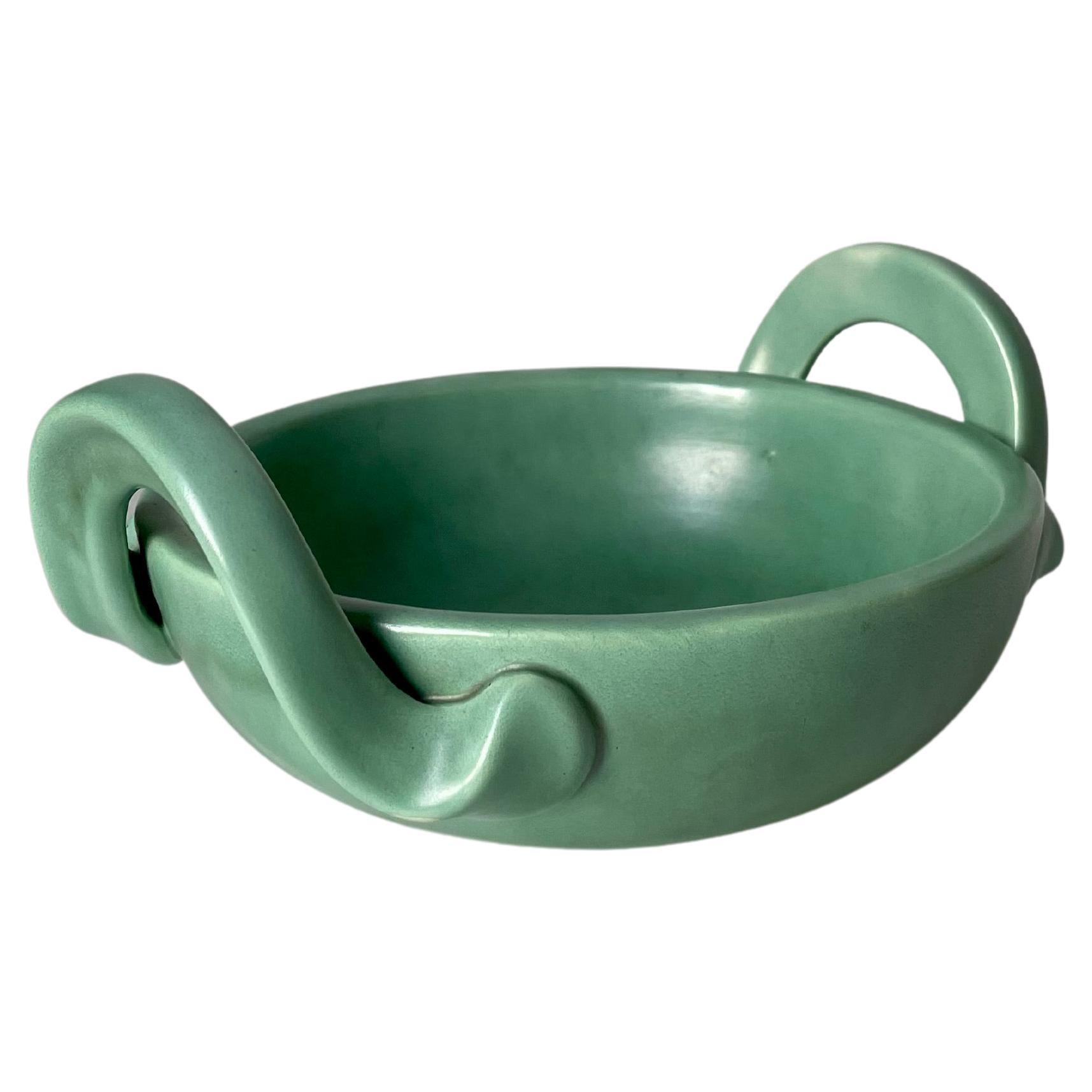 Arthur Percy 1940s Celadon Green Art Nouveau Handle Bowl, Sweden For Sale