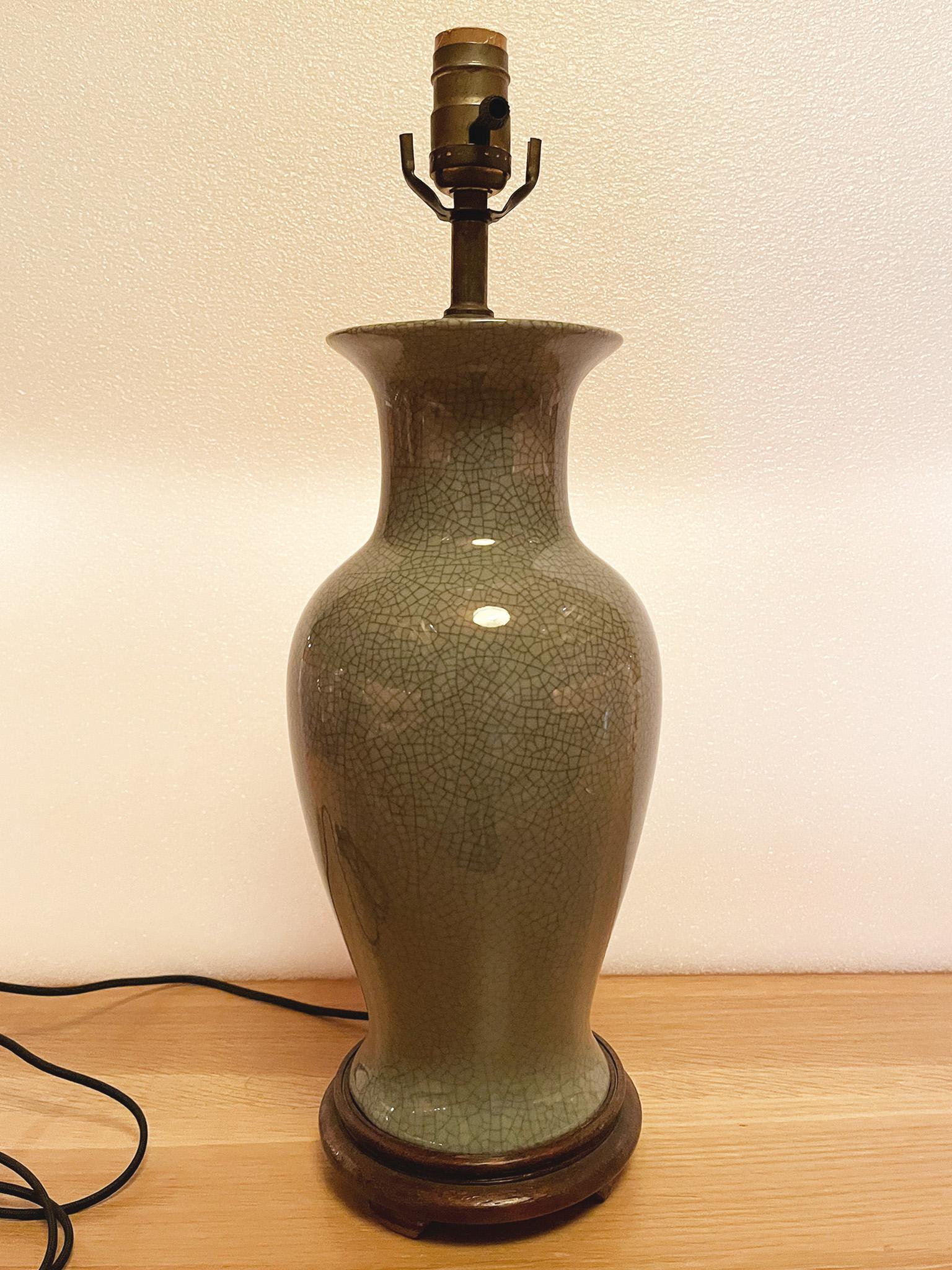 Glazed 1940s Celadon Green Asian Ceramic Table Lamp For Sale