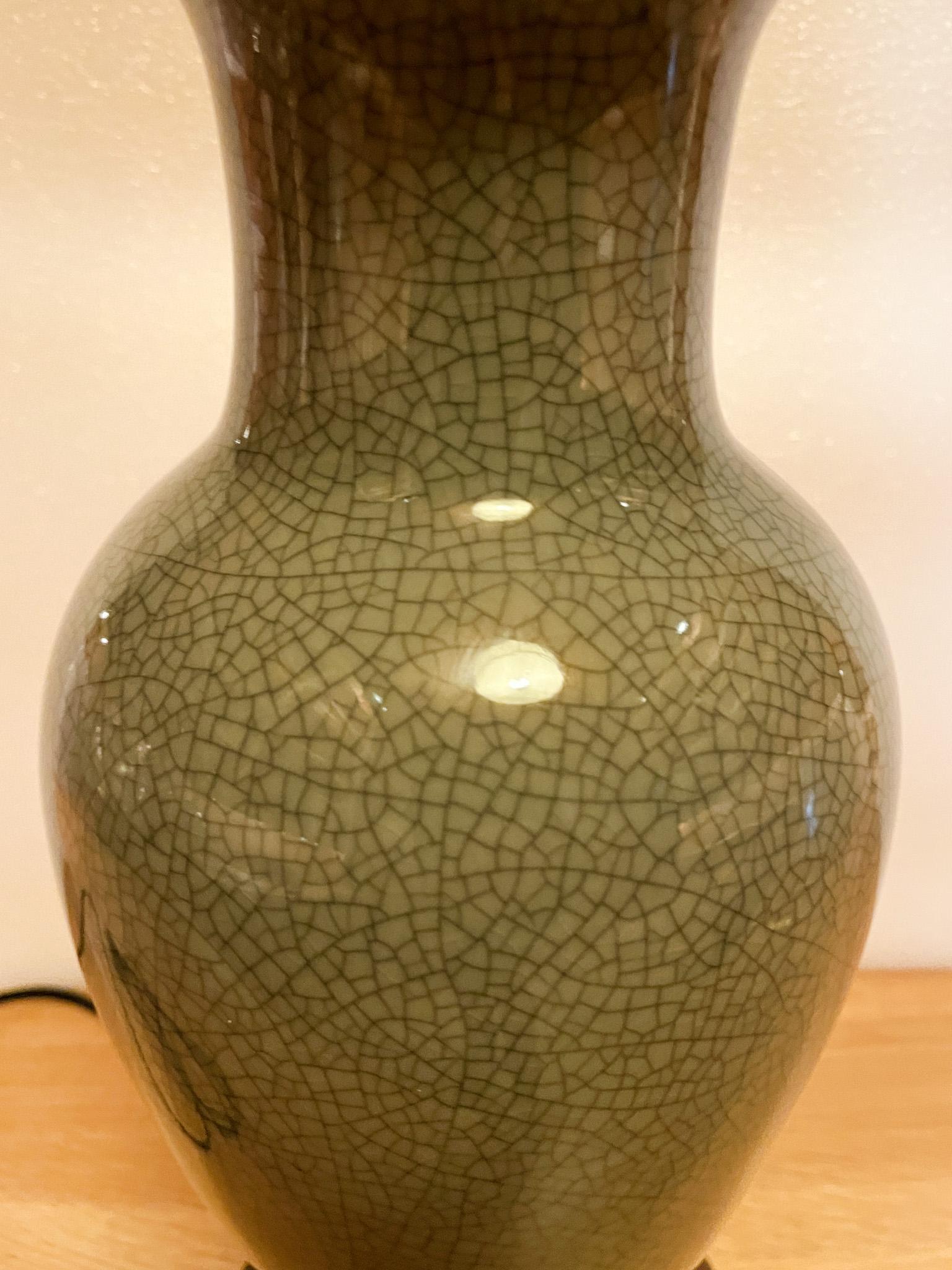 1940s Celadon Green Asian Ceramic Table Lamp In Good Condition For Sale In New York, NY