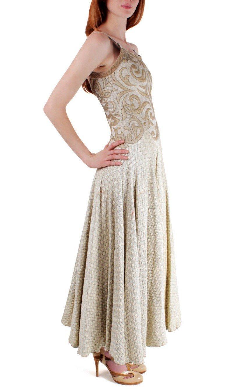 1940S Champagne Rayon & Silk Silver Lamé  Jacquard Quilted Gown With Appliqué Bodice