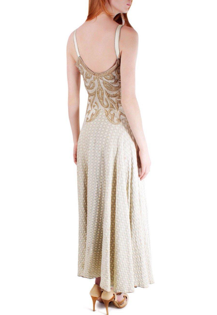 1940S Champagne Rayon & Silk Silver Lamé  Jacquard Quilted Gown With Appliqué B In Excellent Condition For Sale In New York, NY