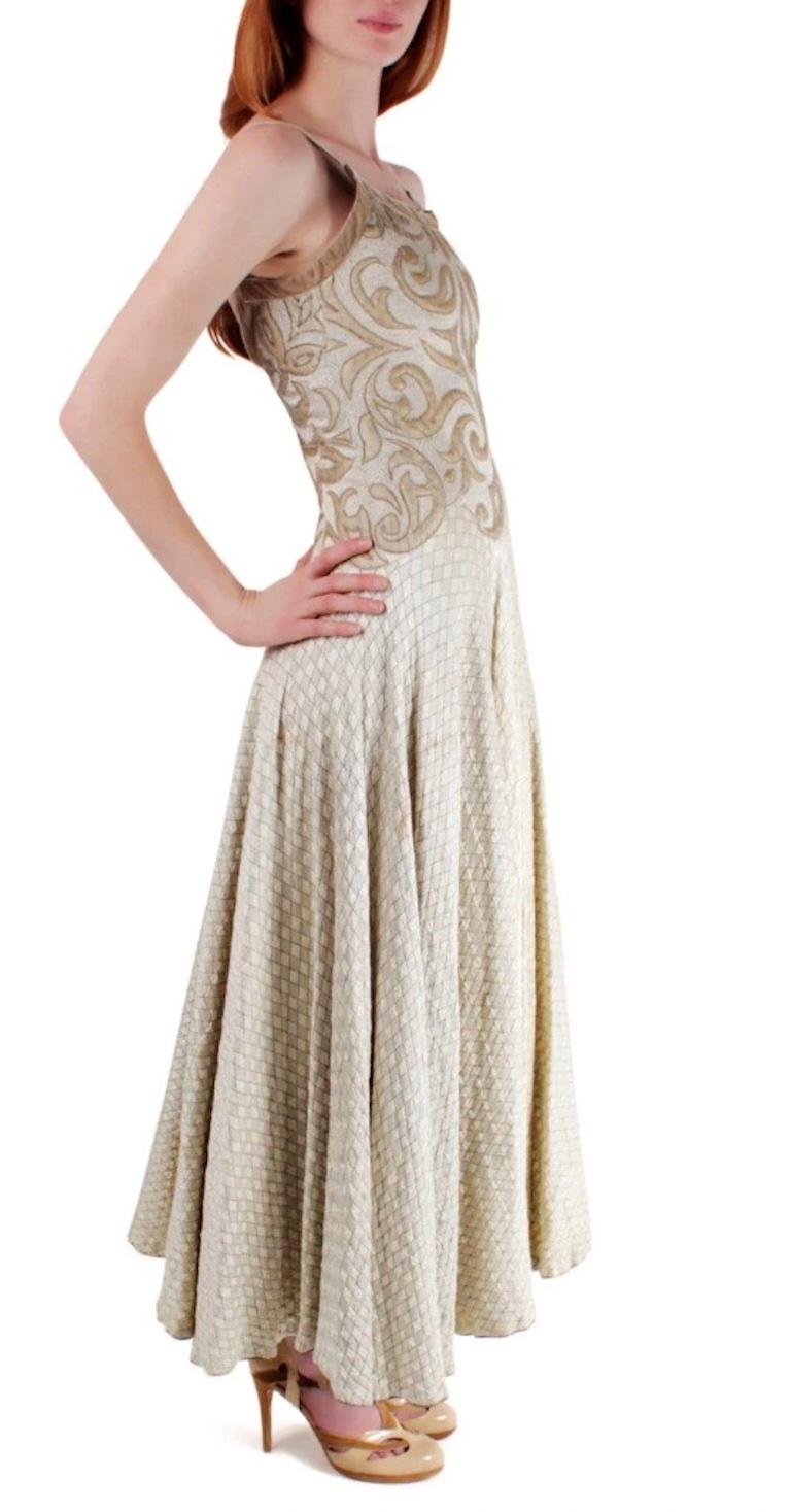 Women's 1940S Champagne Rayon & Silk Silver Lamé  Jacquard Quilted Gown With Appliqué B For Sale