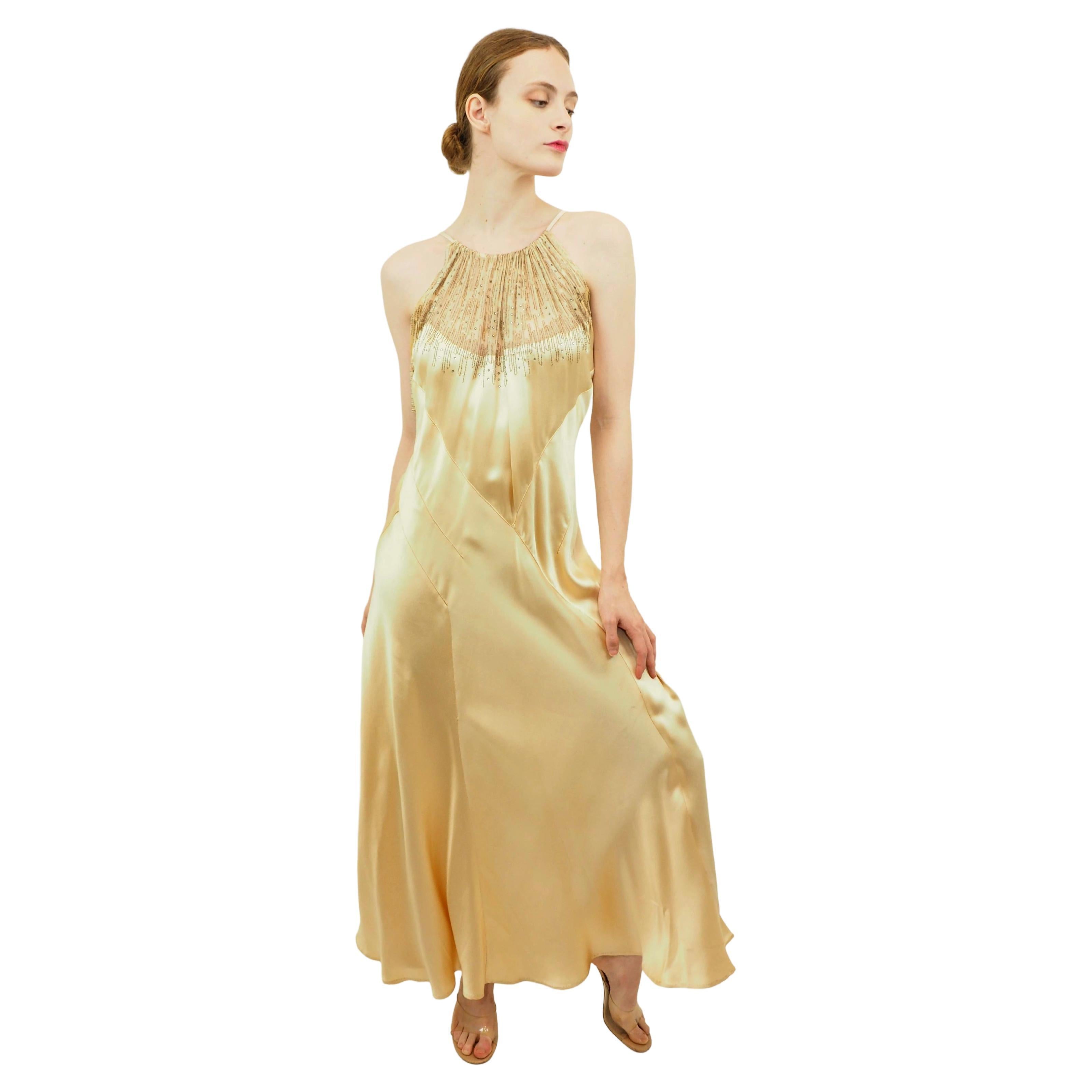 1940
s Champagne Silk Bias Cut Rhinestone Dress For Sale