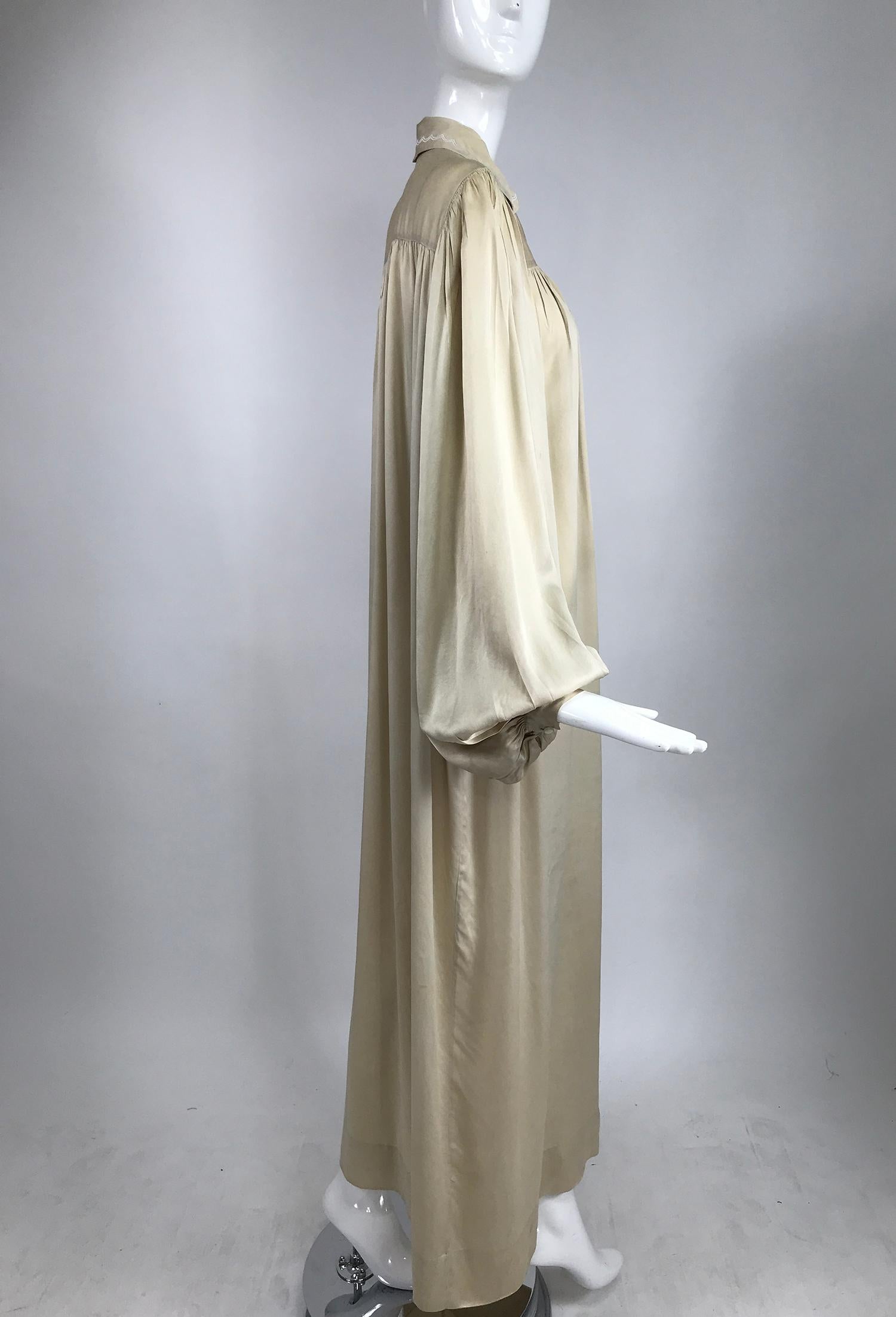 1940s Champagne Silk Hand Embroidered Bishop Sleeve Robe   In Good Condition In West Palm Beach, FL