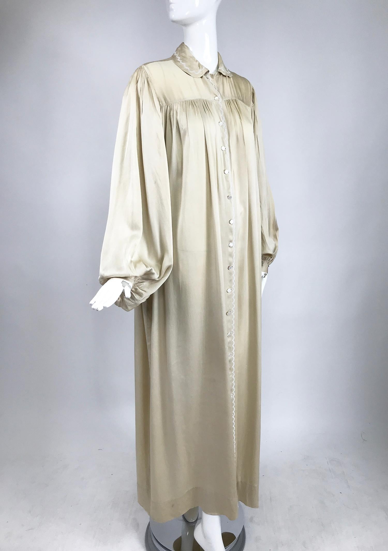 Women's 1940s Champagne Silk Hand Embroidered Bishop Sleeve Robe  