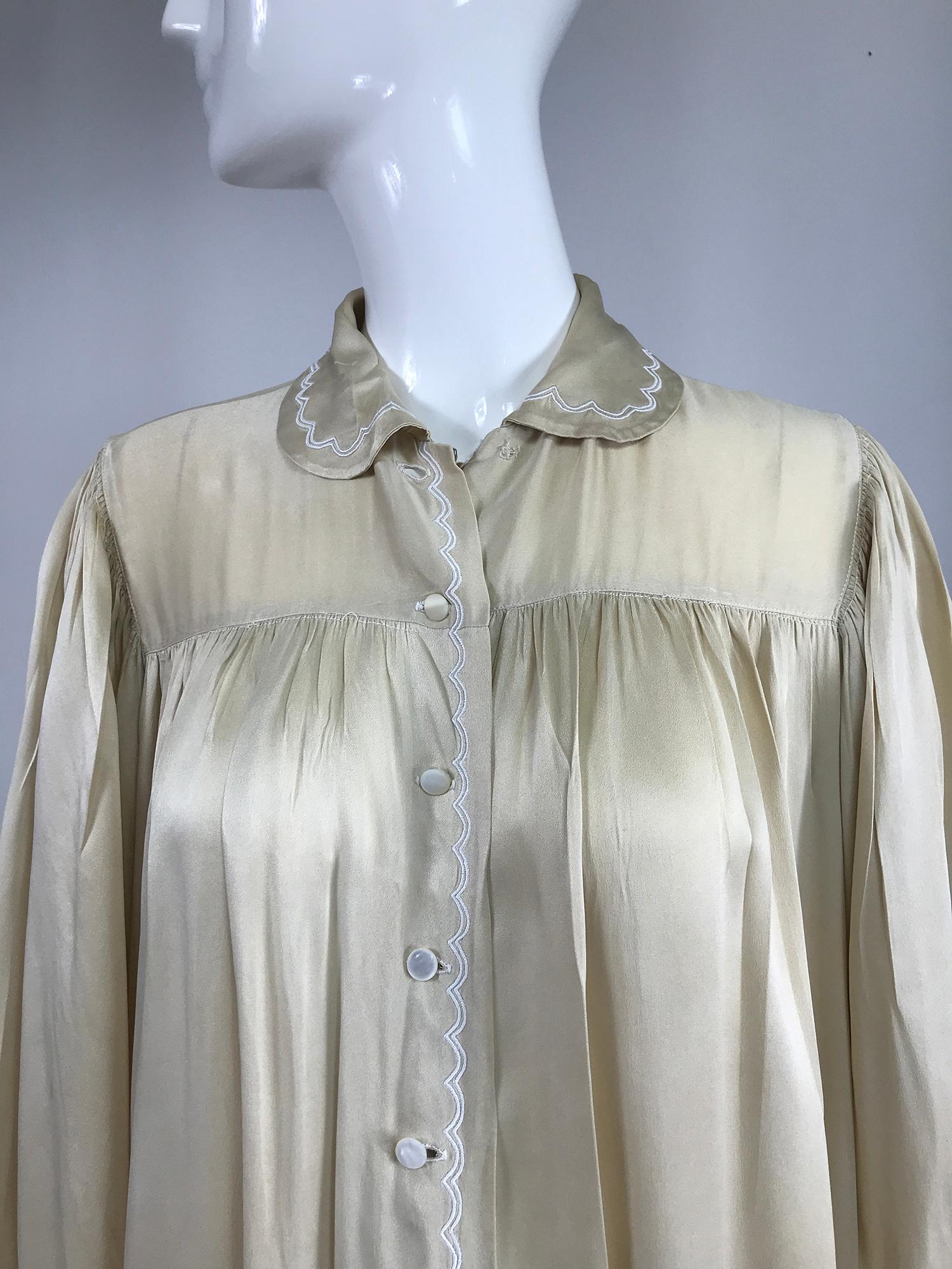 1940s Champagne Silk Hand Embroidered Bishop Sleeve Robe   1