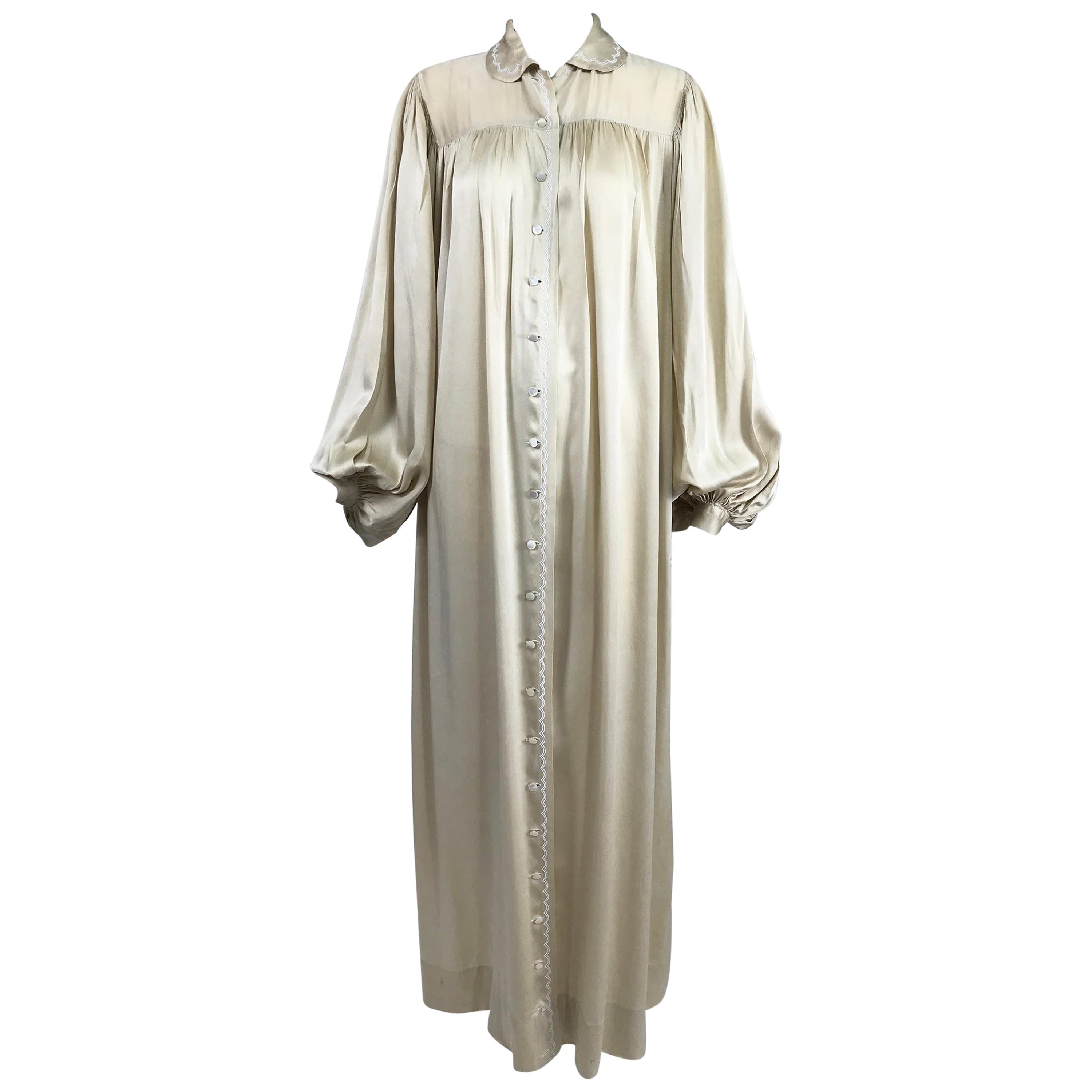 1940s Champagne Silk Hand Embroidered Bishop Sleeve Robe  