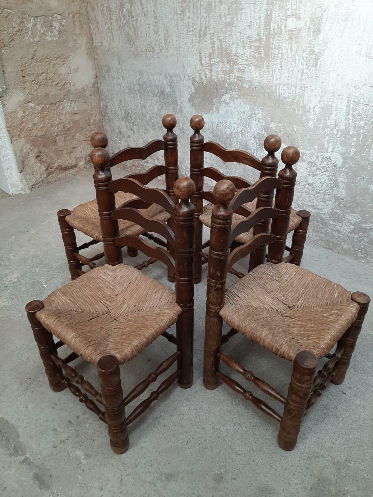Mid Century Charles Dudouyt Oak & Rush Seat Dining Chairs, France 1940s For Sale 4