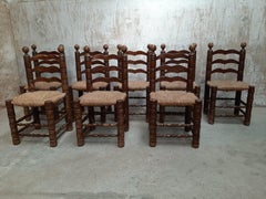 Mid Century Charles Dudouyt Oak & Rush Seat Dining Chairs, France 1940s