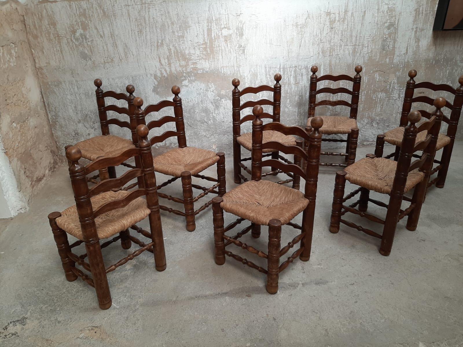 French Mid Century Charles Dudouyt Oak & Rush Seat Dining Chairs, France 1940s For Sale