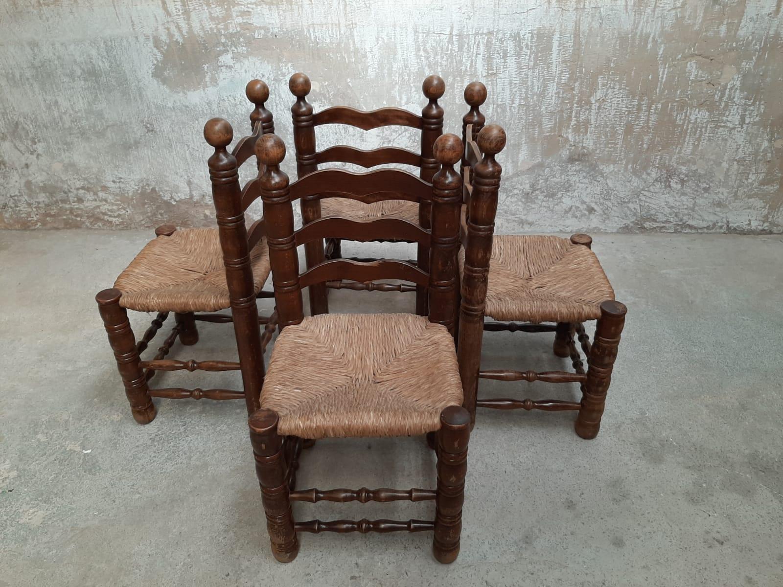 Mid Century Charles Dudouyt Oak & Rush Seat Dining Chairs, France 1940s In Good Condition For Sale In PEGO, ES
