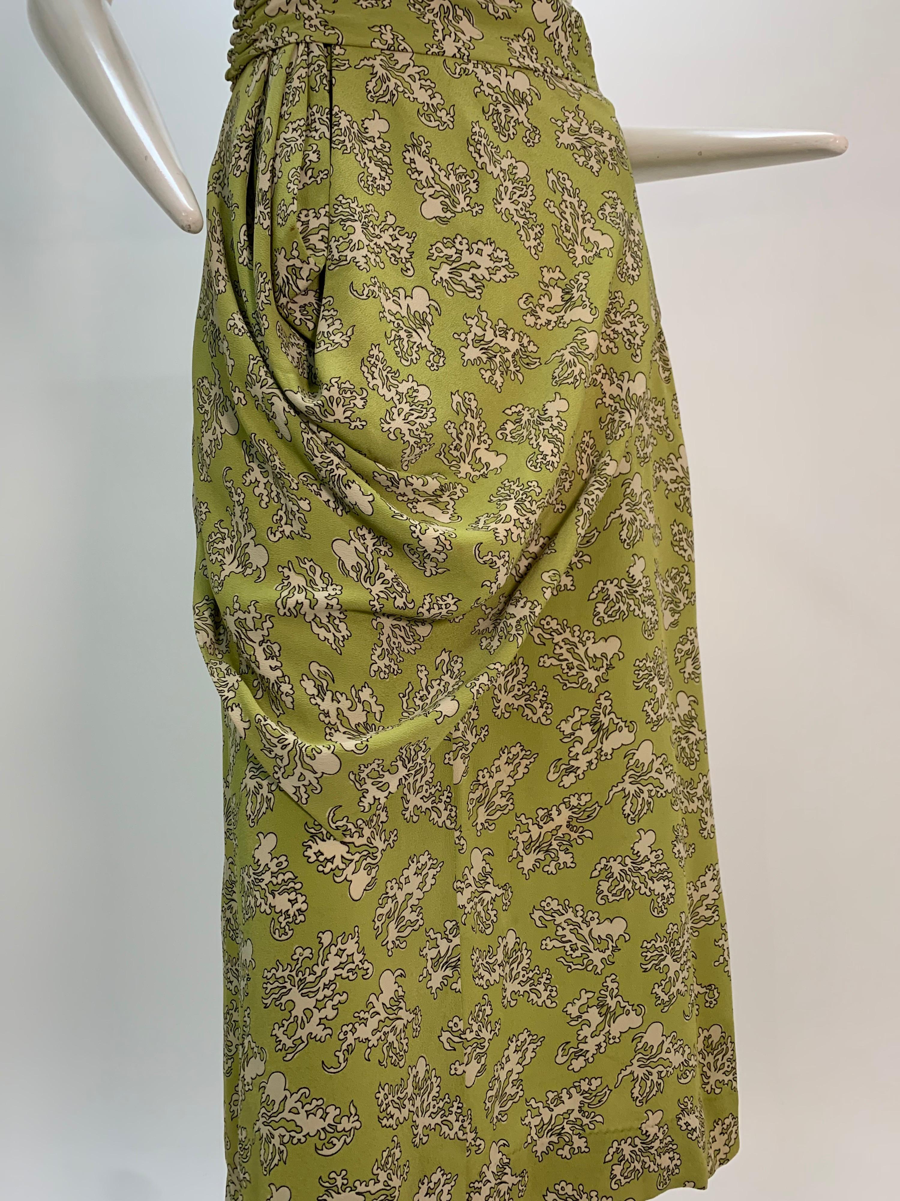 1940s Chartreuse Rayon Crepe Print Swing Dress w/ Draped Hip & Cummerbund Waist For Sale 4