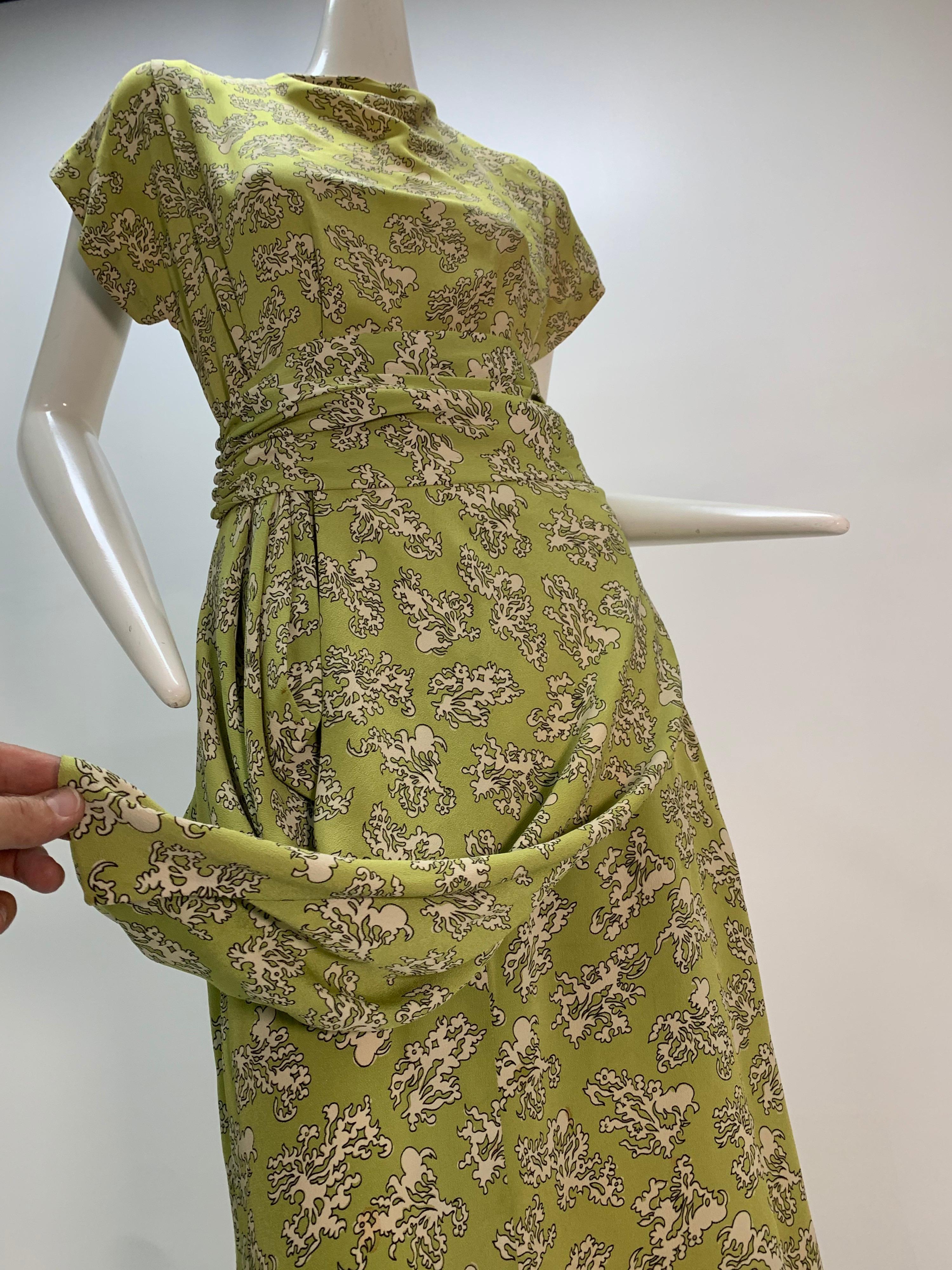 1940s Chartreuse Rayon Crepe Print Swing Dress w/ Draped Hip & Cummerbund Waist For Sale 5