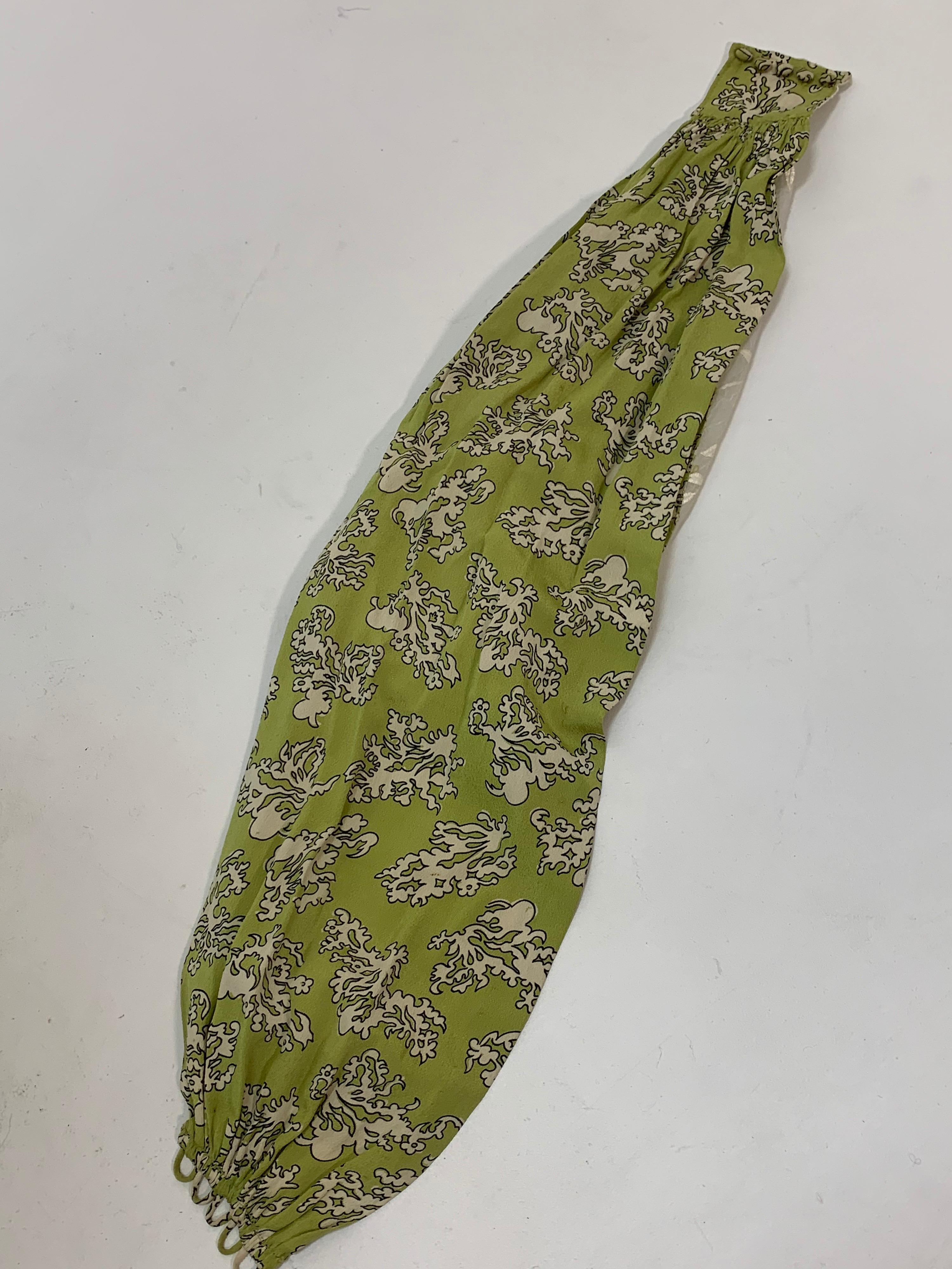 1940s Chartreuse Rayon Crepe Print Swing Dress w/ Draped Hip & Cummerbund Waist For Sale 8