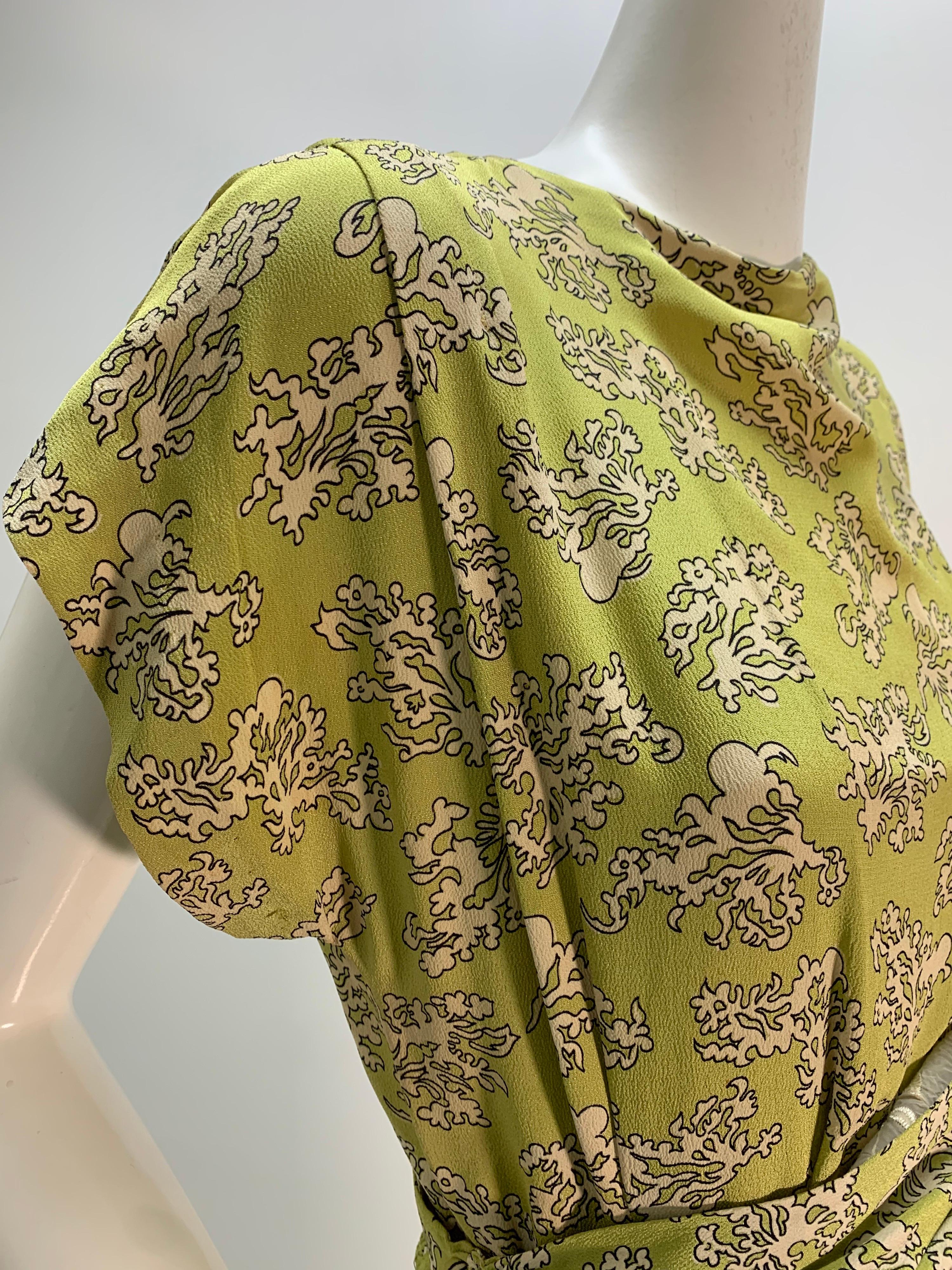 Brown 1940s Chartreuse Rayon Crepe Print Swing Dress w/ Draped Hip & Cummerbund Waist For Sale