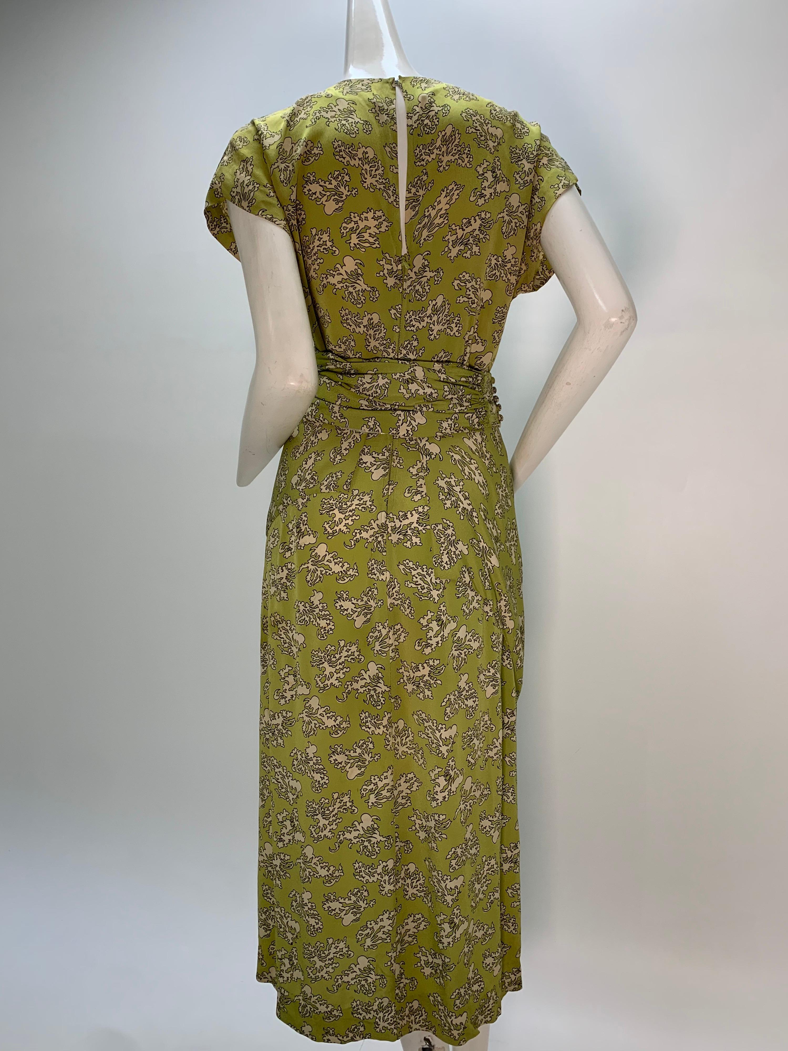 Women's 1940s Chartreuse Rayon Crepe Print Swing Dress w/ Draped Hip & Cummerbund Waist For Sale